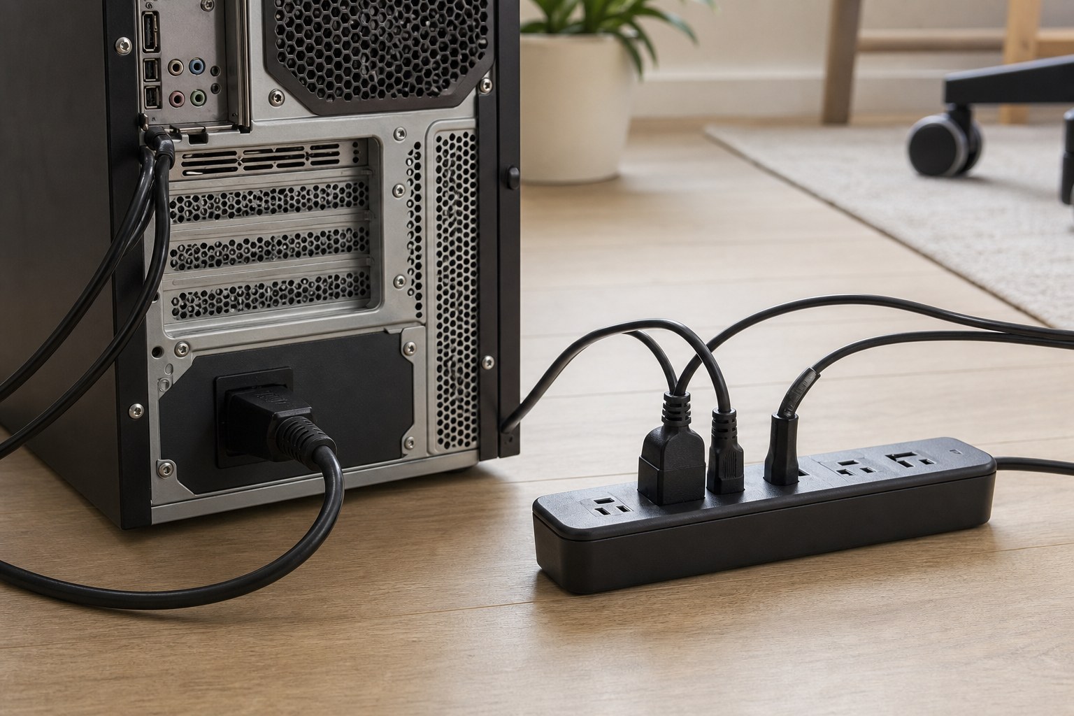 Secure desktop computer power cable connected through a surge protector