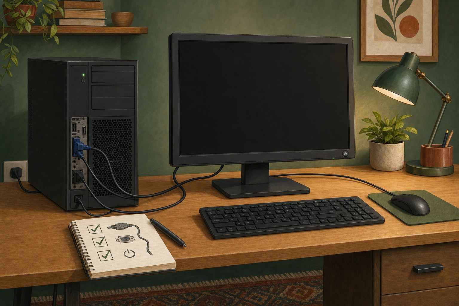 Desktop tower with a power light beside a blank monitor and securely connected display cable