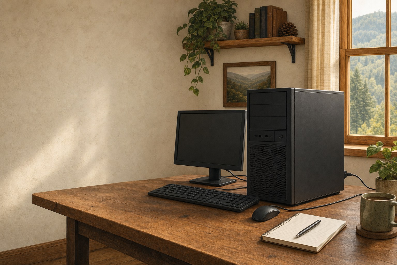 Desktop computer with a dark screen and a notebook ready for careful troubleshooting