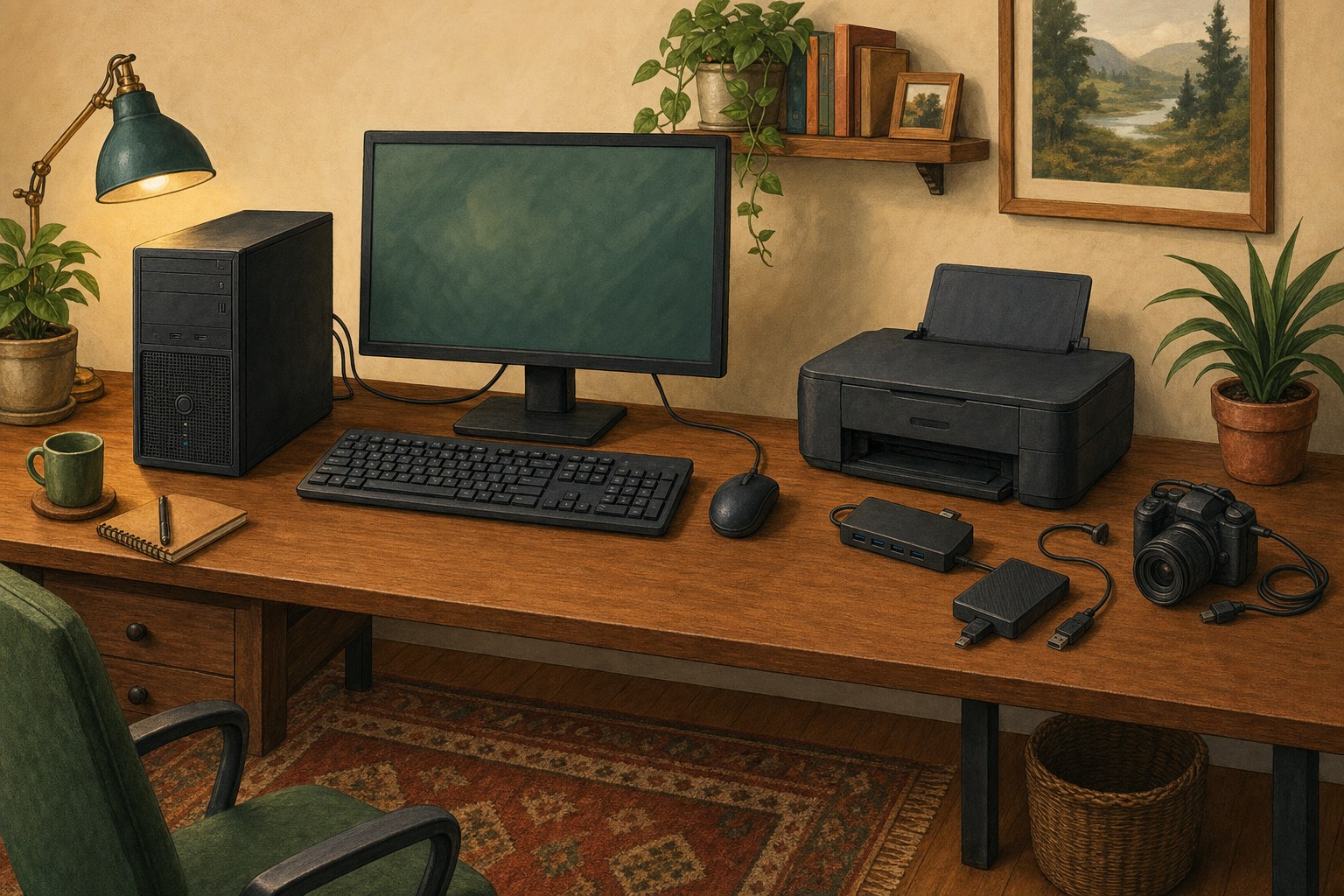 Desktop computer with only its monitor, keyboard, mouse, and power cable connected while extra accessories are set aside
