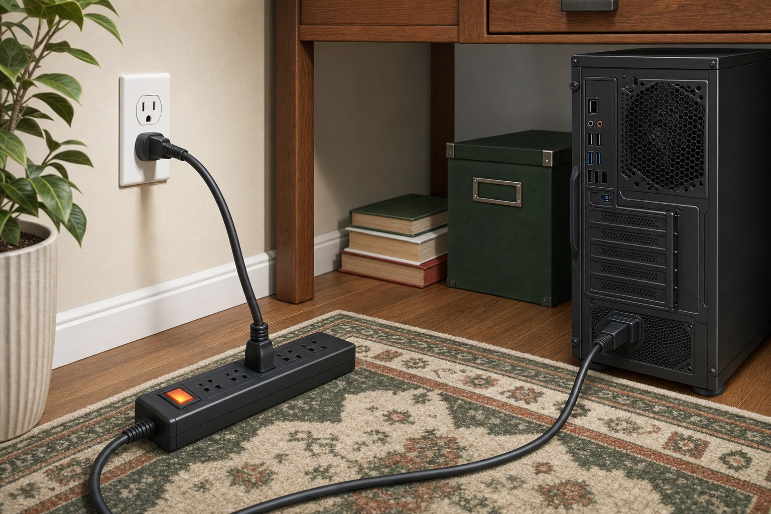 Desktop computer power cable firmly connected to a switched-on surge protector and wall outlet