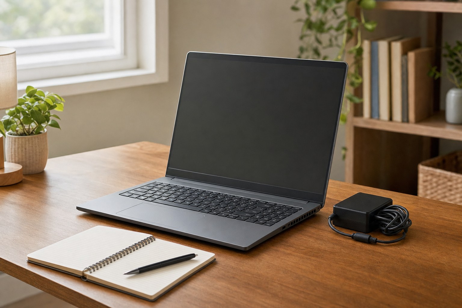 Laptop on a clear hard desk with open airflow around its vents and charger nearby