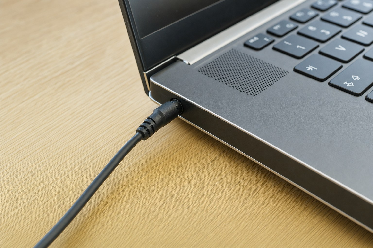 Laptop charger firmly connected to an unbranded laptop on a clear desk