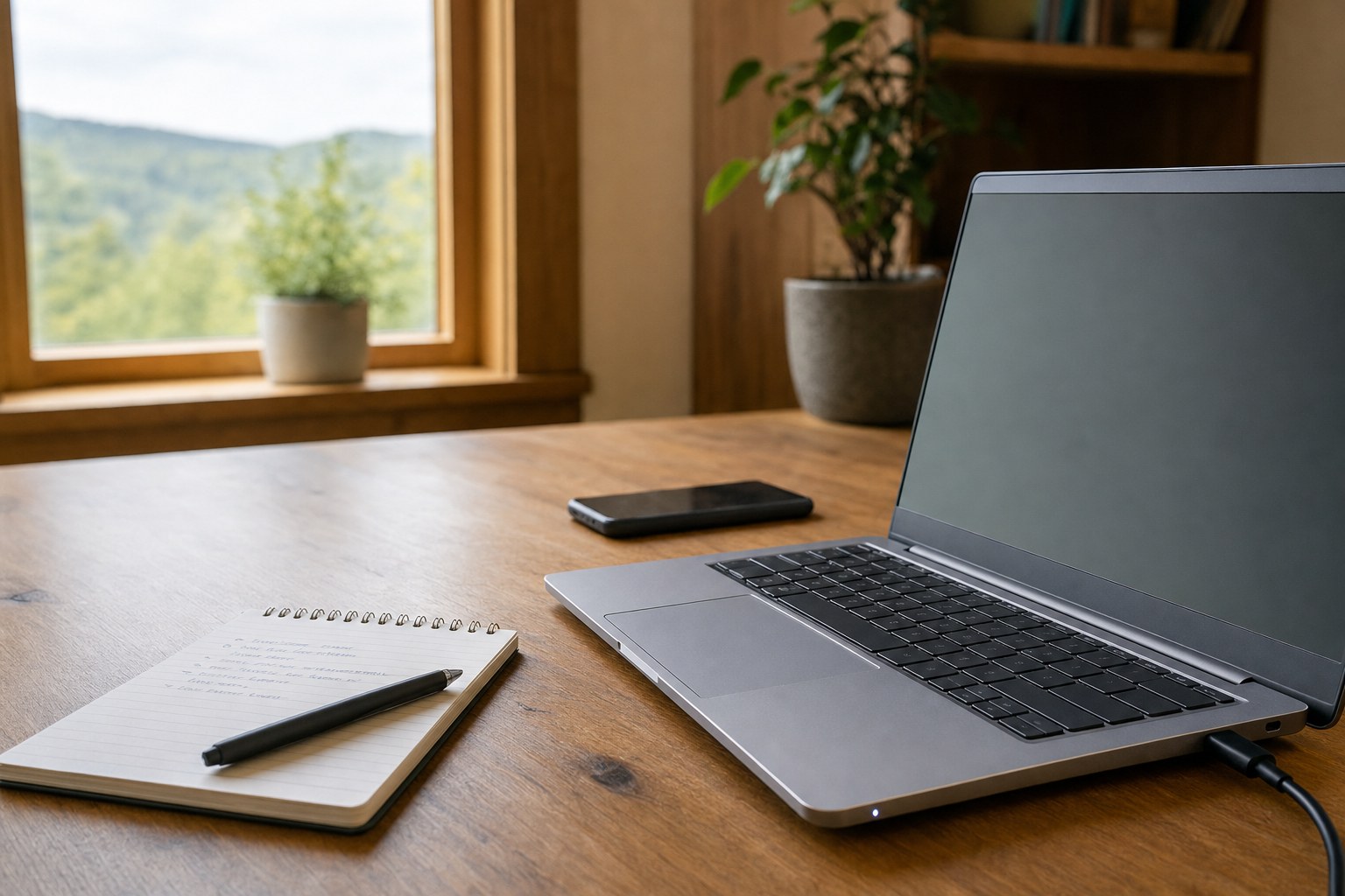 Laptop with a connected charger on a wooden home-office desk