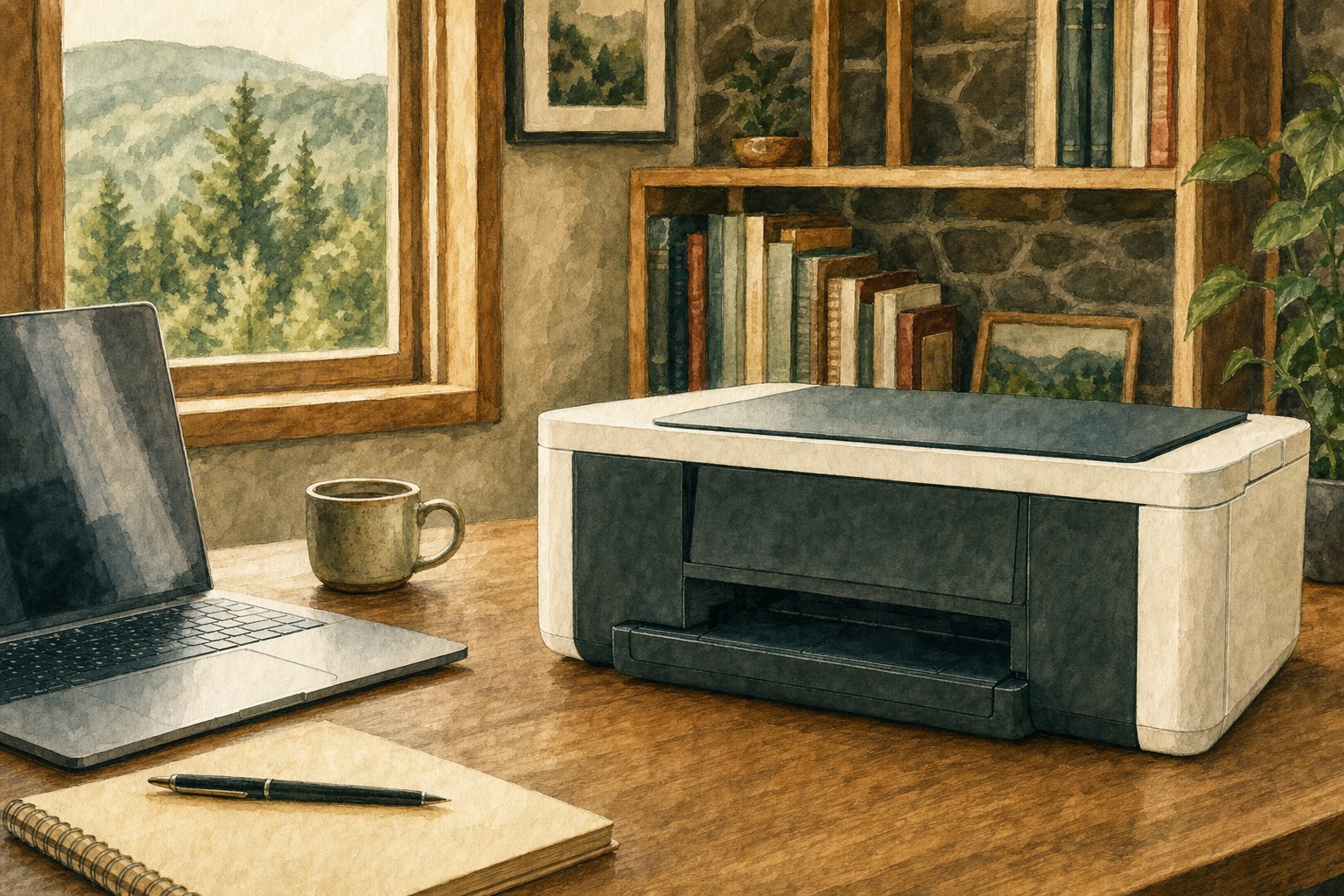 Home printer beside a laptop in a warm home office, ready for a connection check