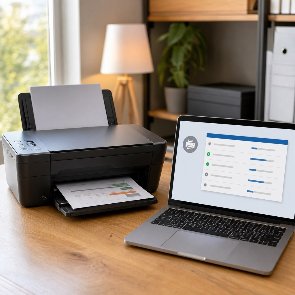 Home printer beside a laptop showing a print queue