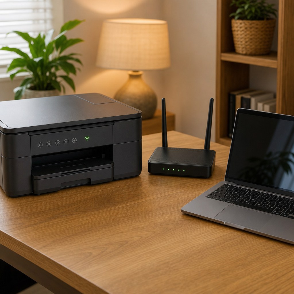 Home printer, Wi-Fi router, and laptop in a home office