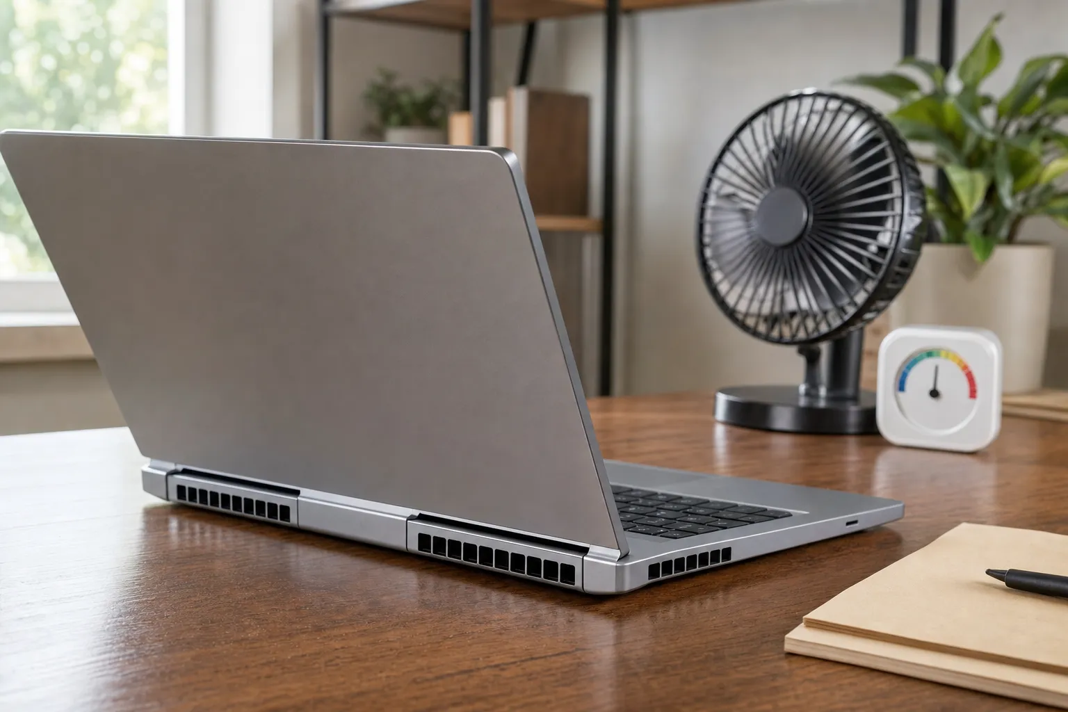 A laptop on a clear desk with unobstructed vents and a small desk fan nearby