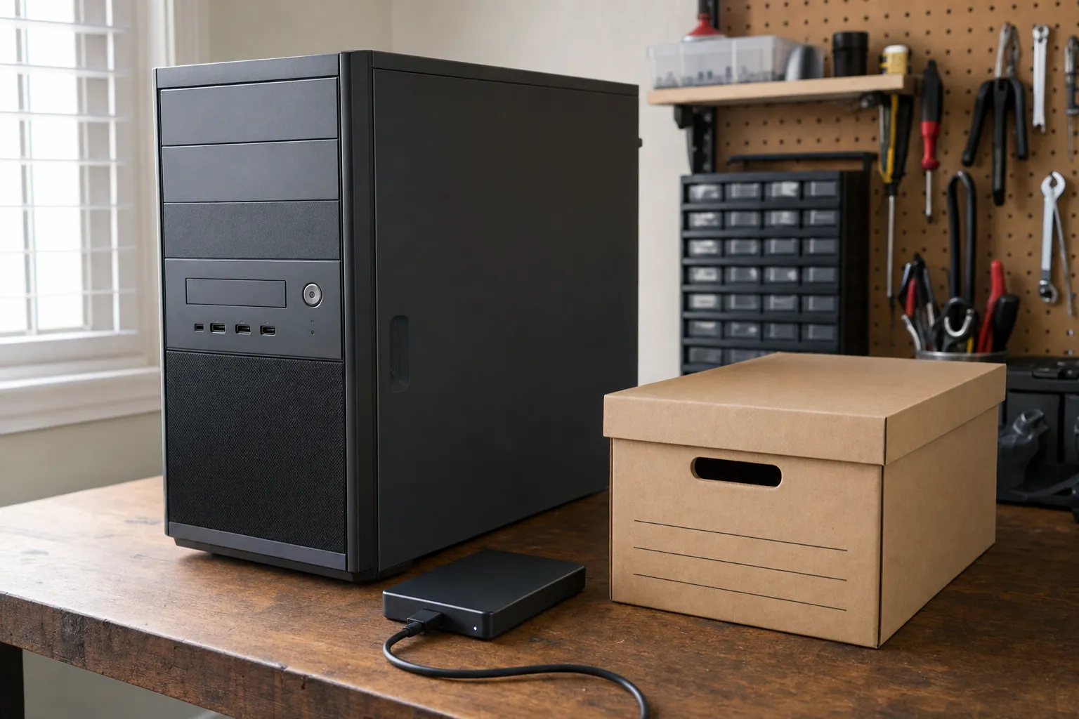 A desktop tower with an external backup drive on a workbench