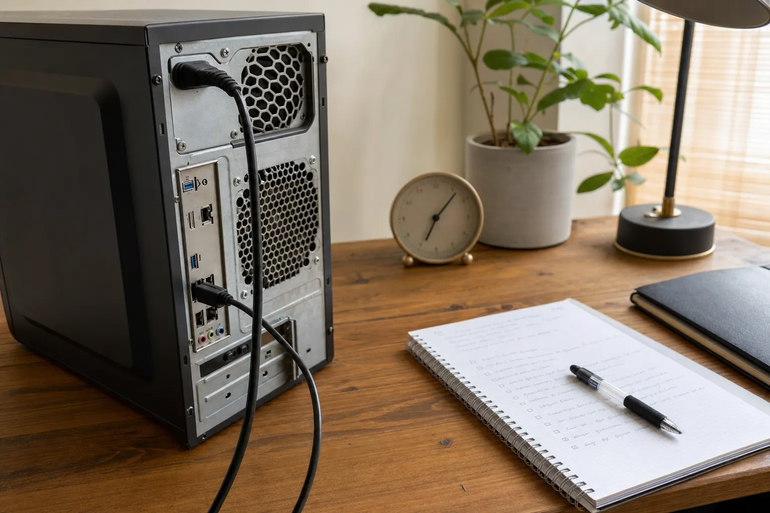 A desktop computer beside a clock and handwritten troubleshooting notes