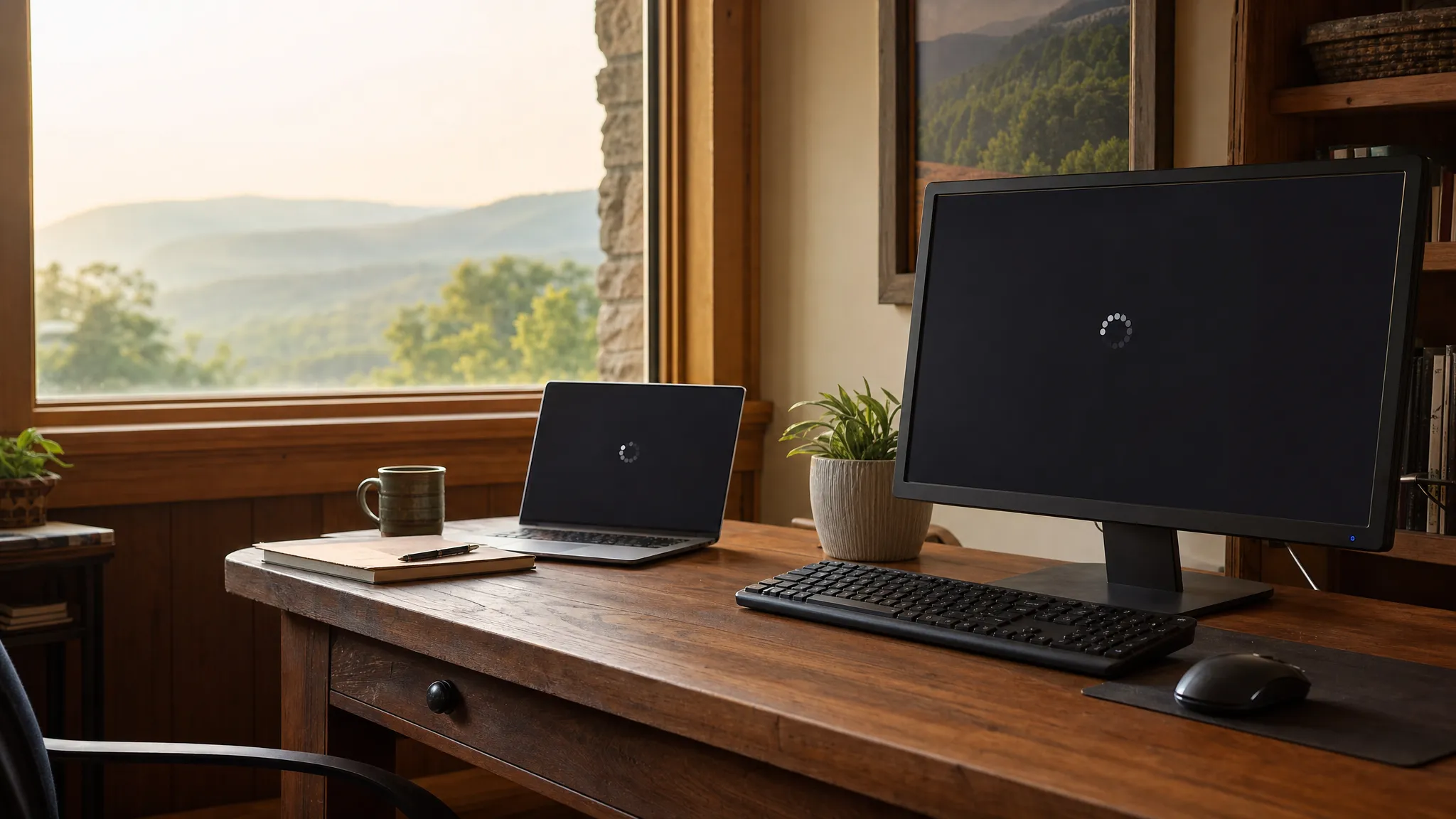 A desktop computer and laptop paused on loading screens in a Mountain City home office