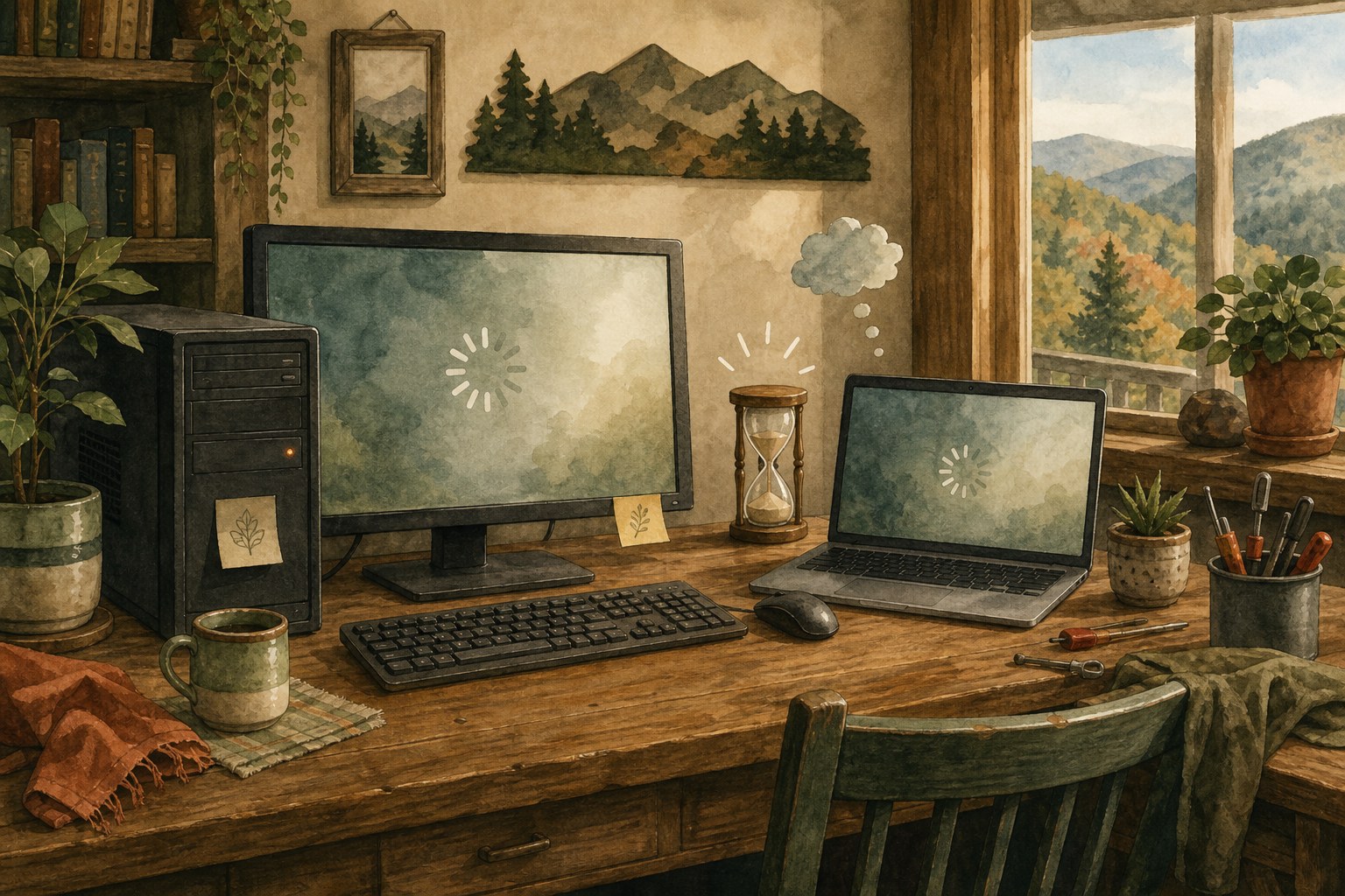 A desktop computer and laptop paused on loading screens in a Mountain City home office