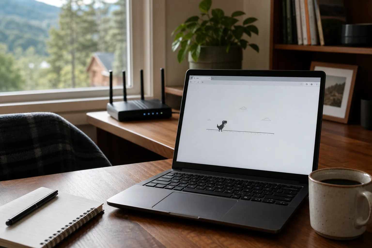 A laptop with an offline browser beside a home Wi-Fi router in a Mountain City home office
