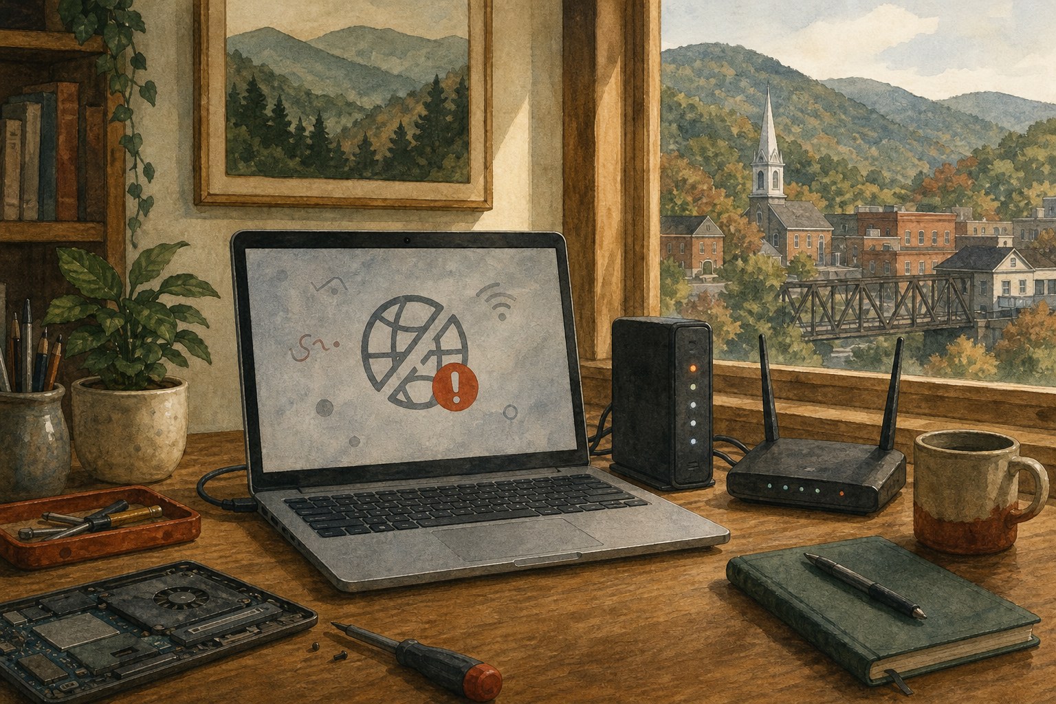 A laptop with an offline browser beside a home Wi-Fi router in a Mountain City home office