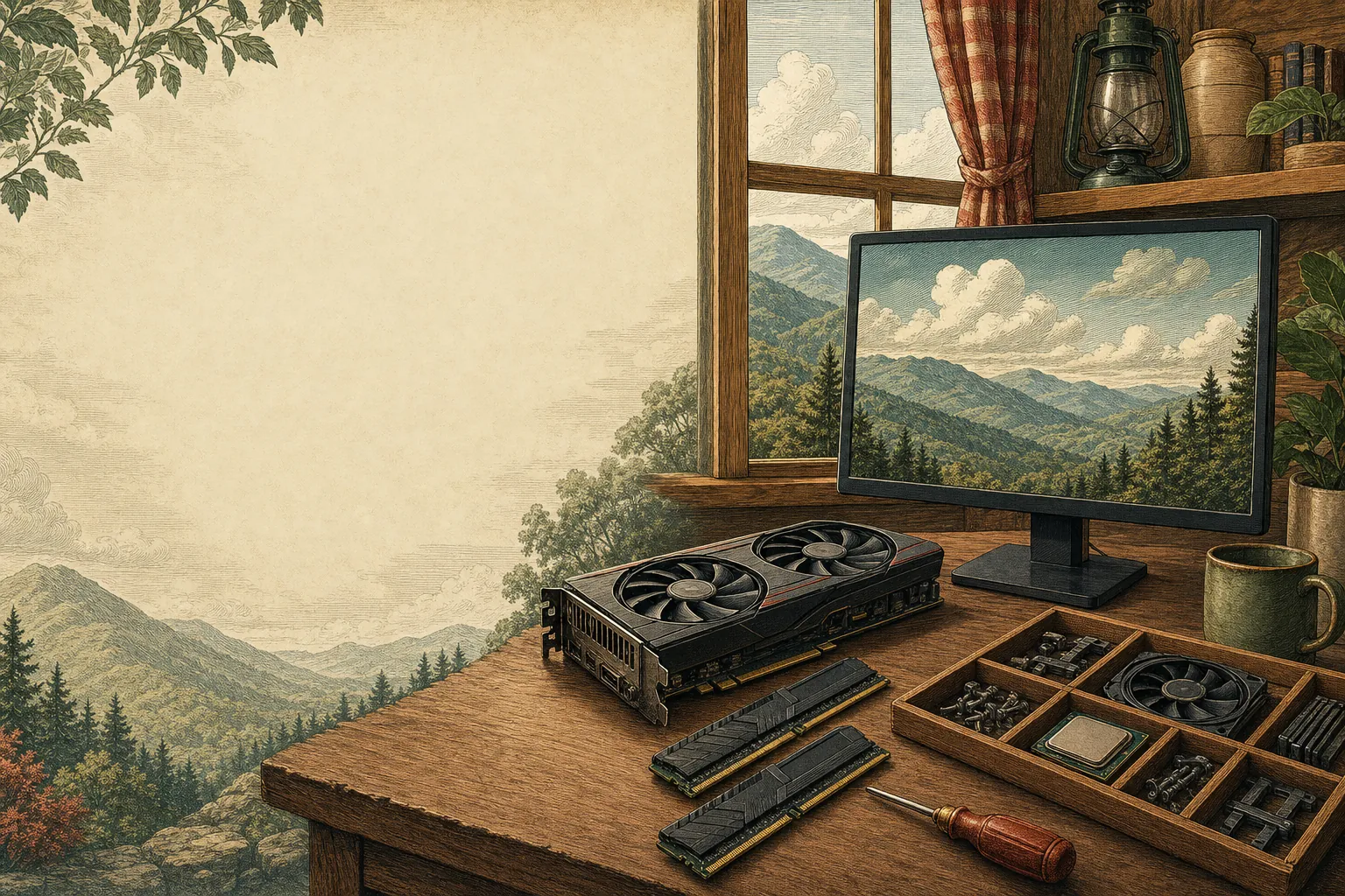 PC hardware parts and a desktop monitor on a mountain home-office desk