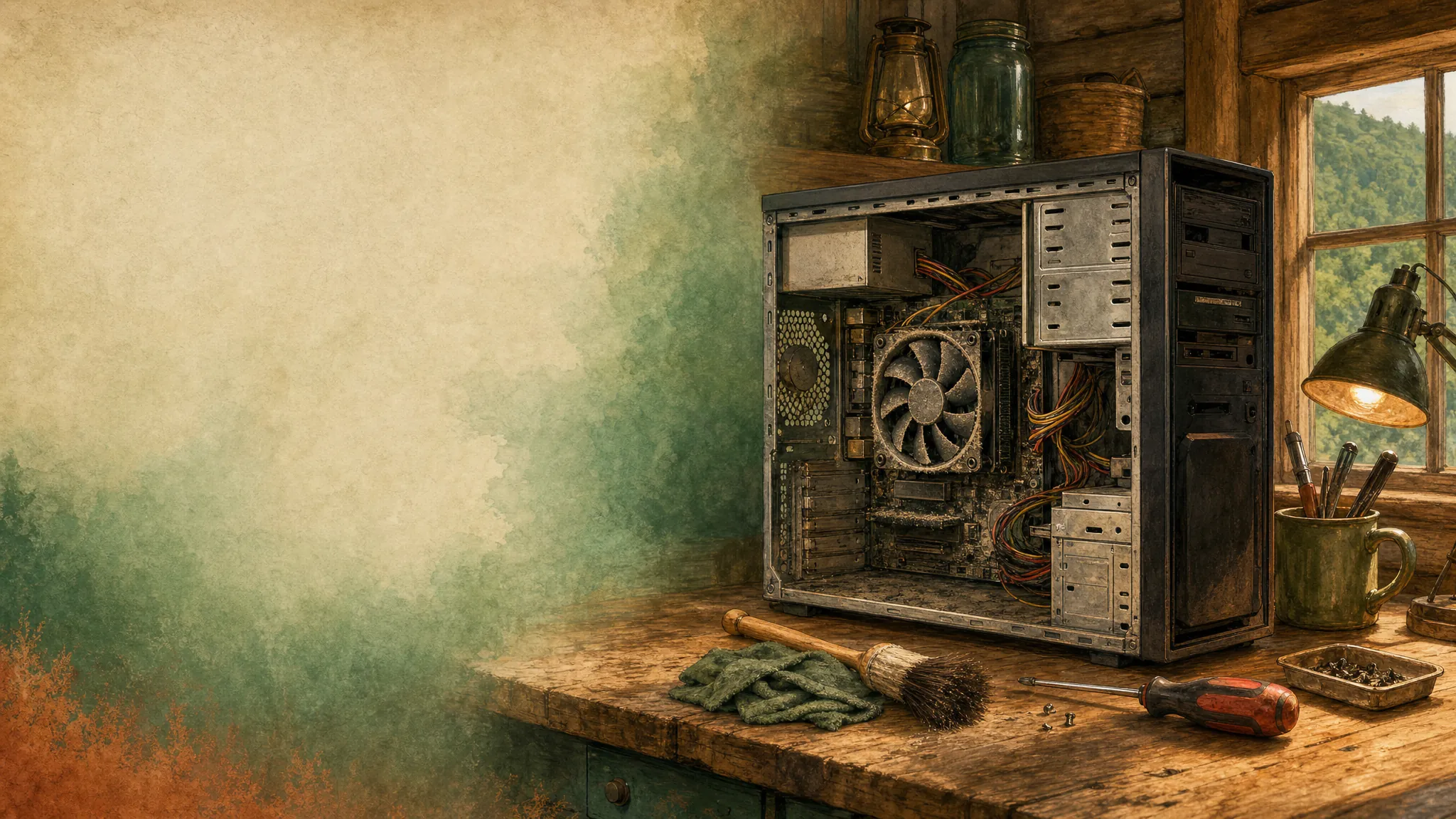 An open desktop computer with a dusty cooling fan on a rustic workbench