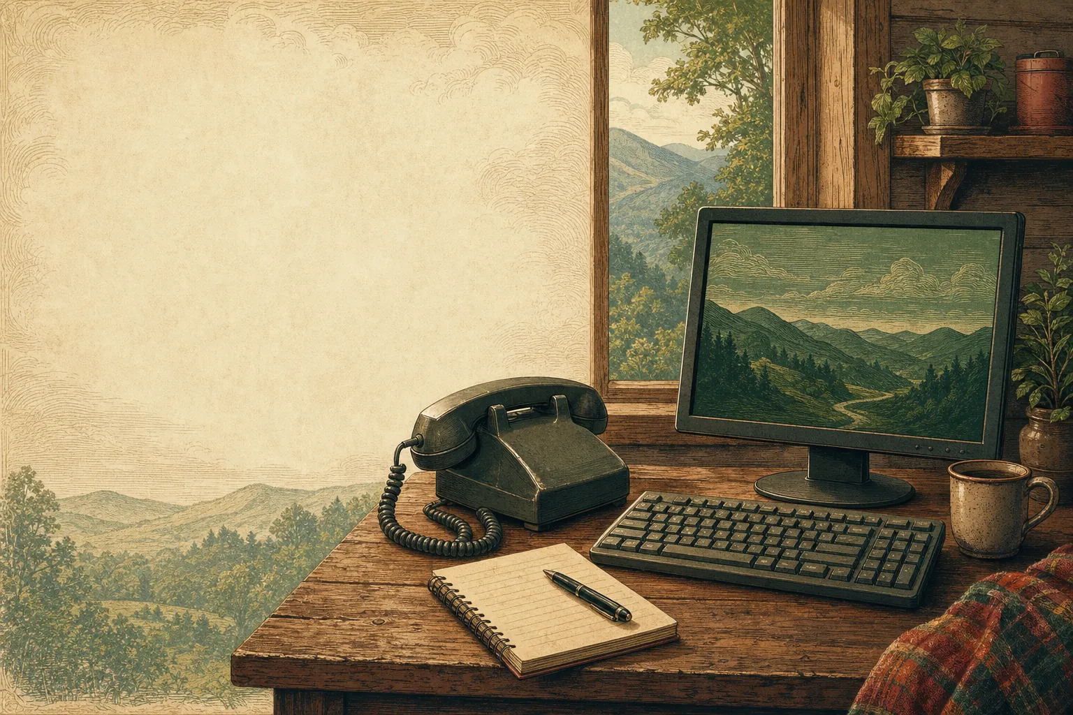 A telephone and desktop computer on a home-office desk overlooking the Appalachian mountains