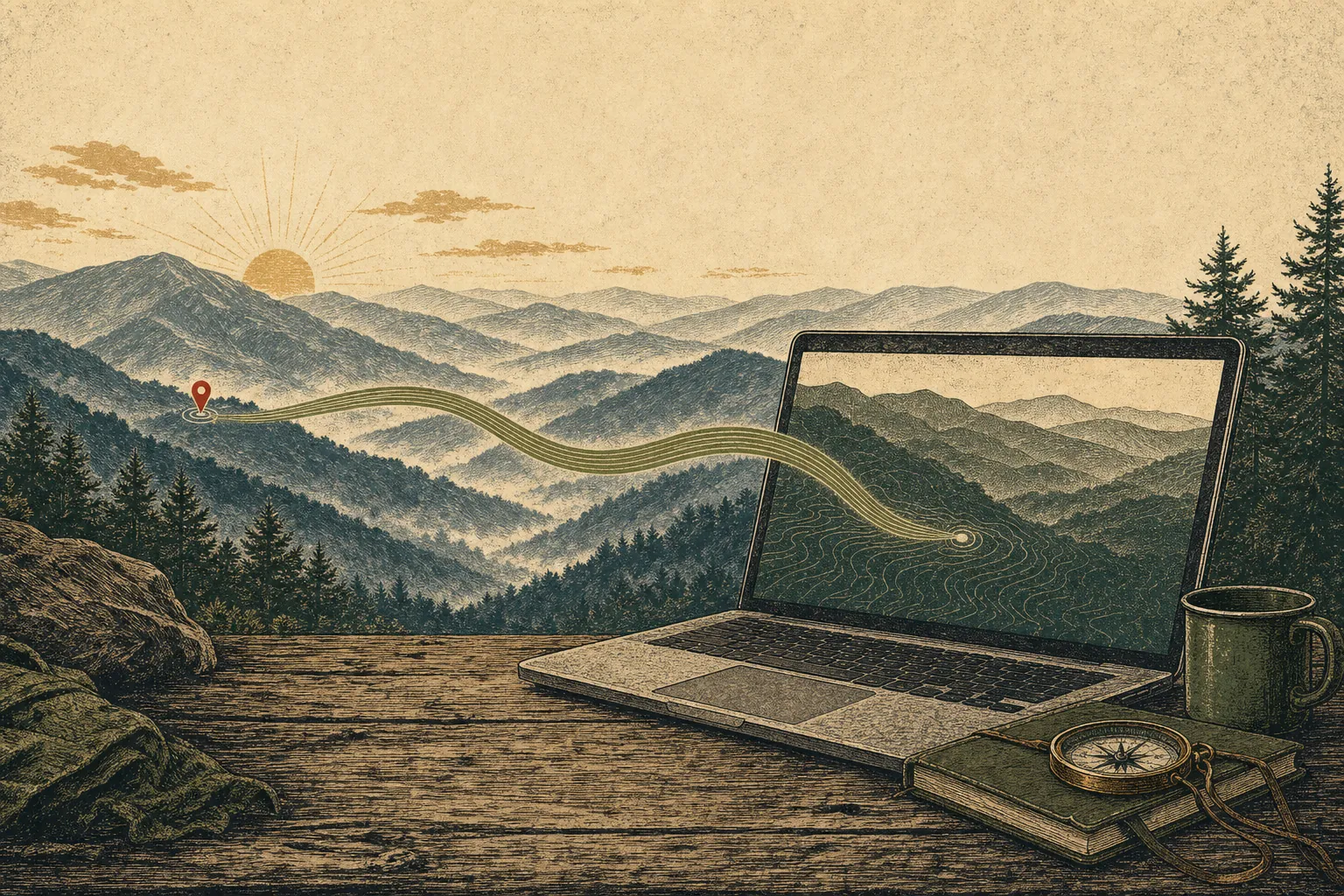 A laptop in front of layered Appalachian mountains, representing remote computer help