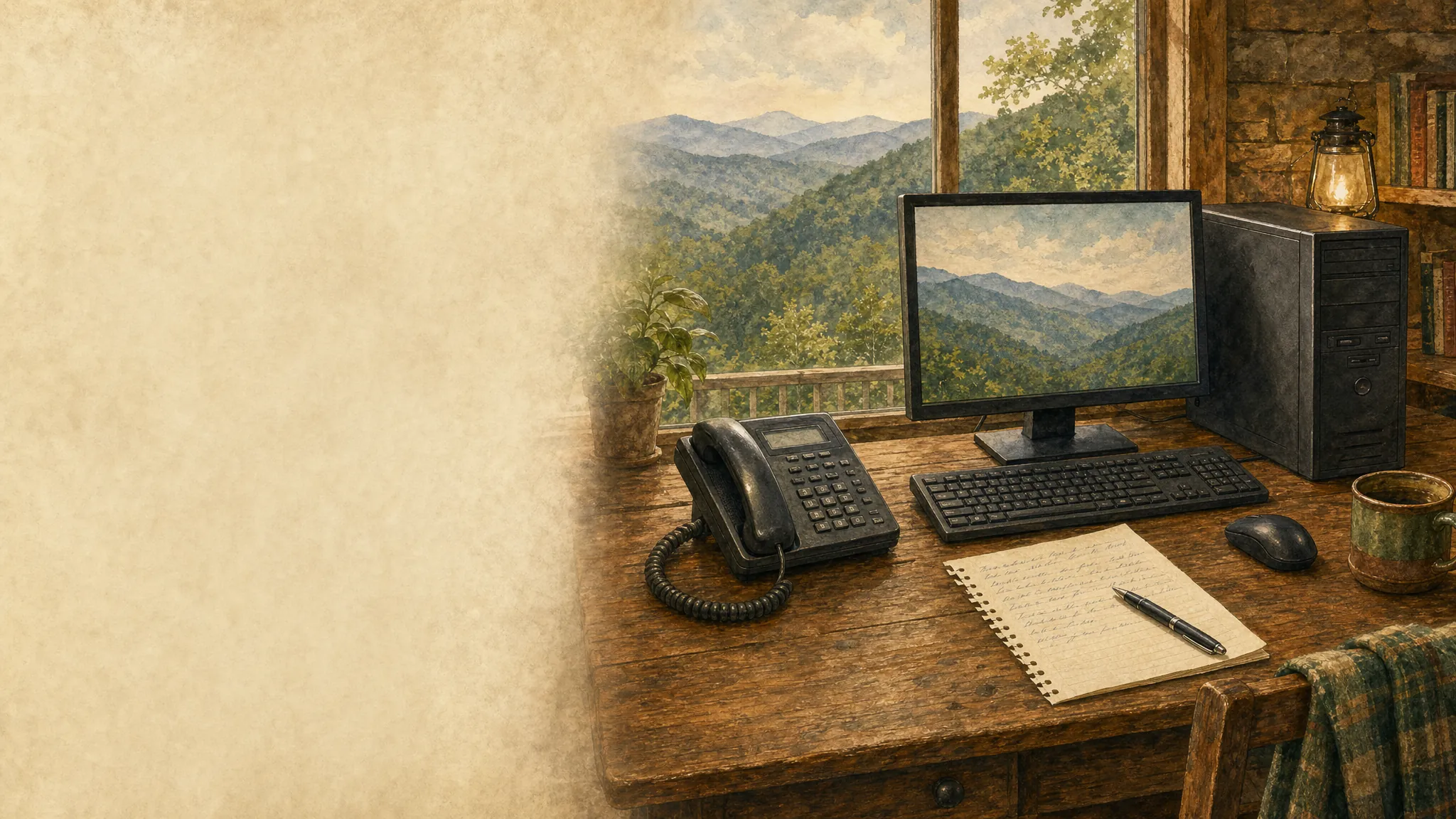 Desktop computer and telephone on a home-office desk