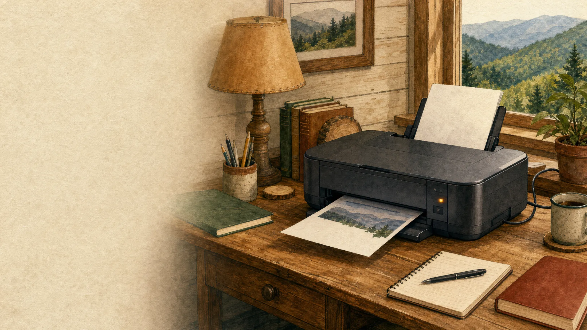 A home printer with an amber error light and a half-printed page on a rustic desk