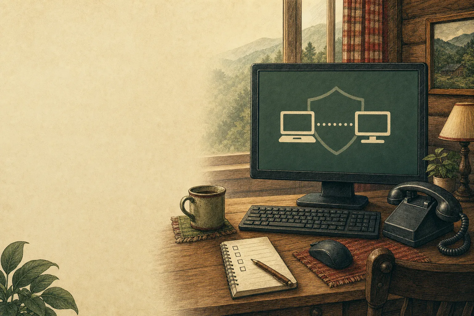 A desktop computer and telephone representing a safe, customer-led remote support connection