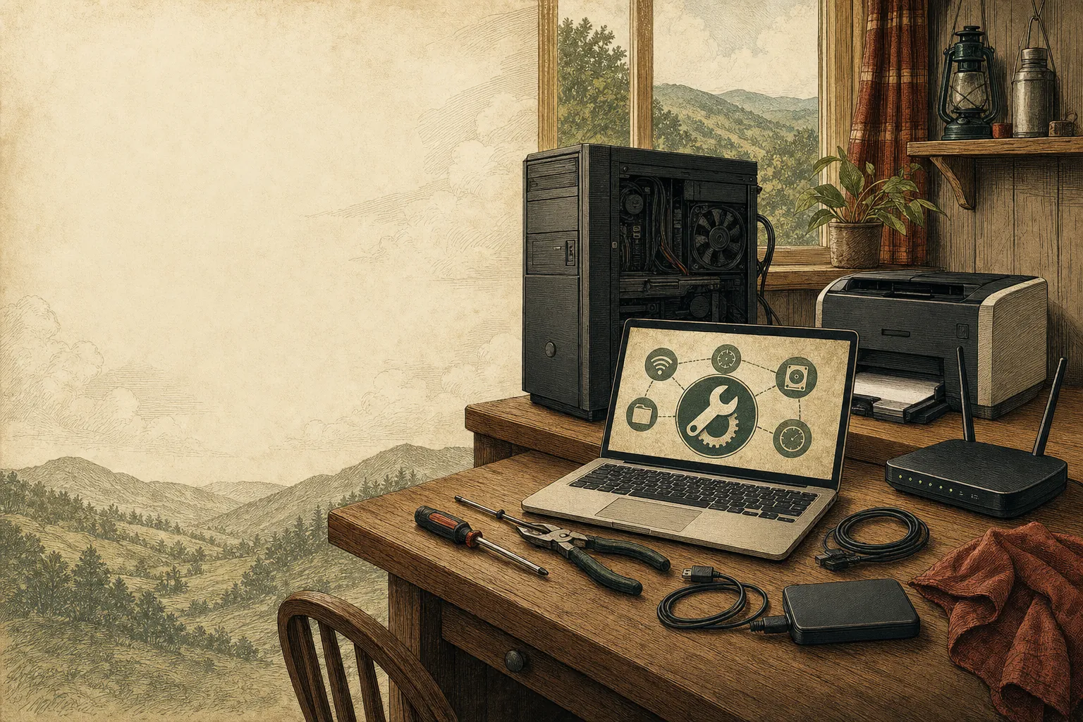 Computer repair workbench with a desktop tower, printer, Wi-Fi router, laptop, and tools