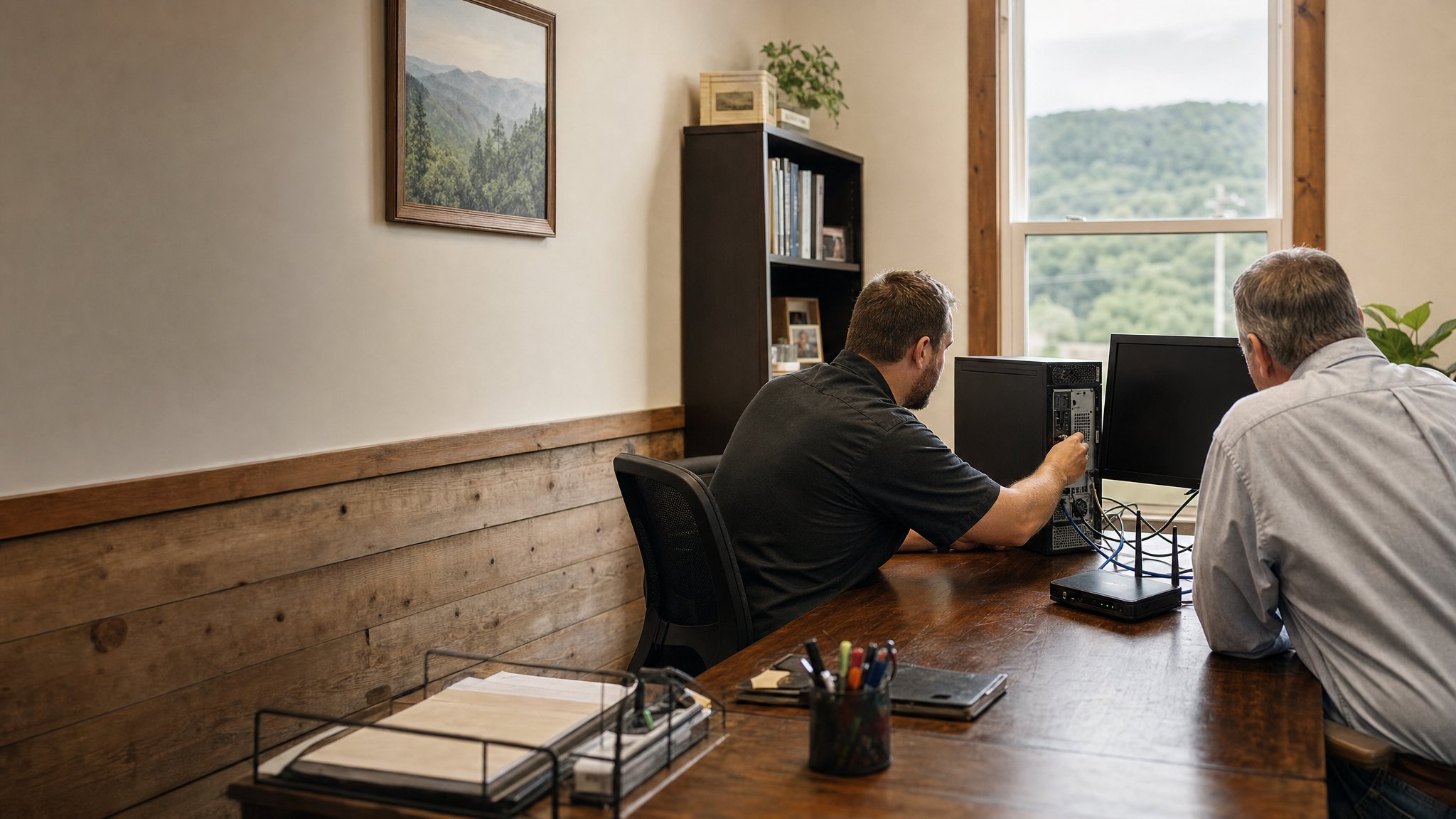 Computer repair technician checking a desktop computer with a small-business owner