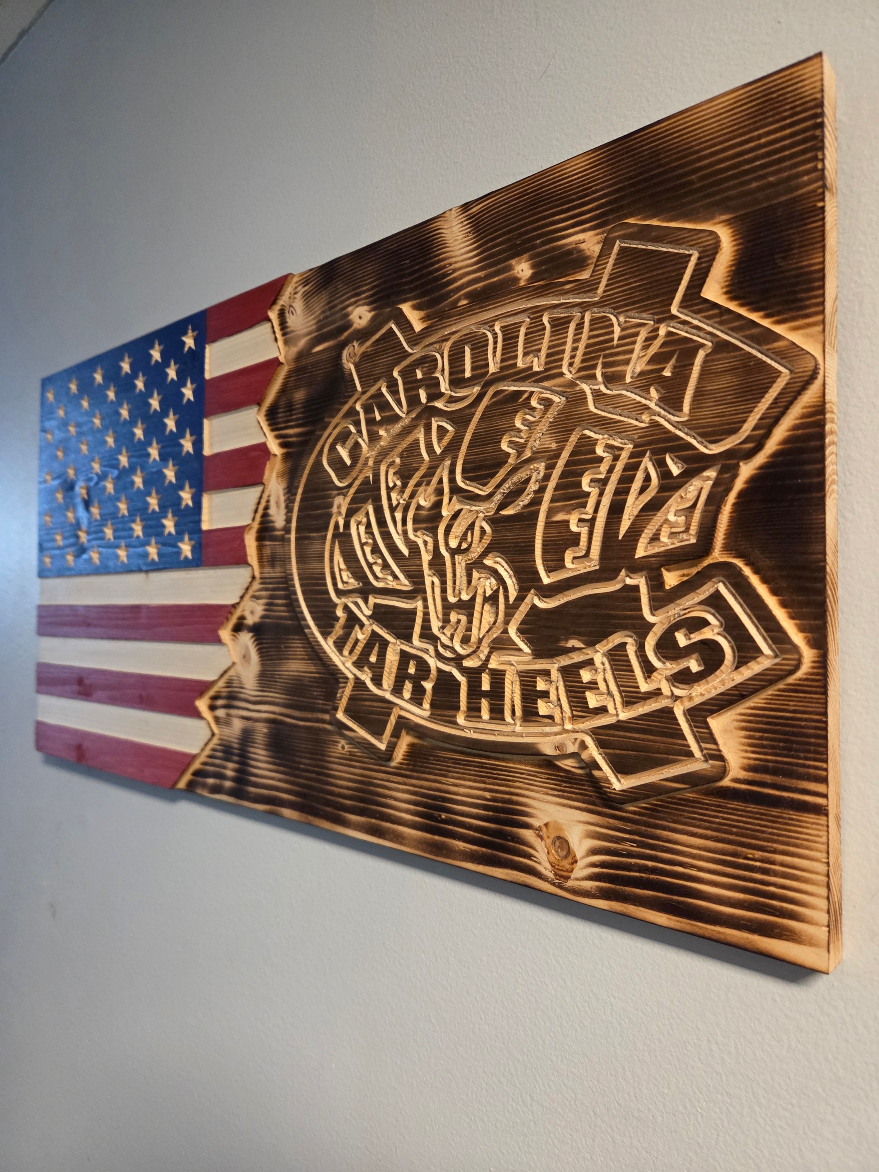 UNC Tar Heels wooden American flag