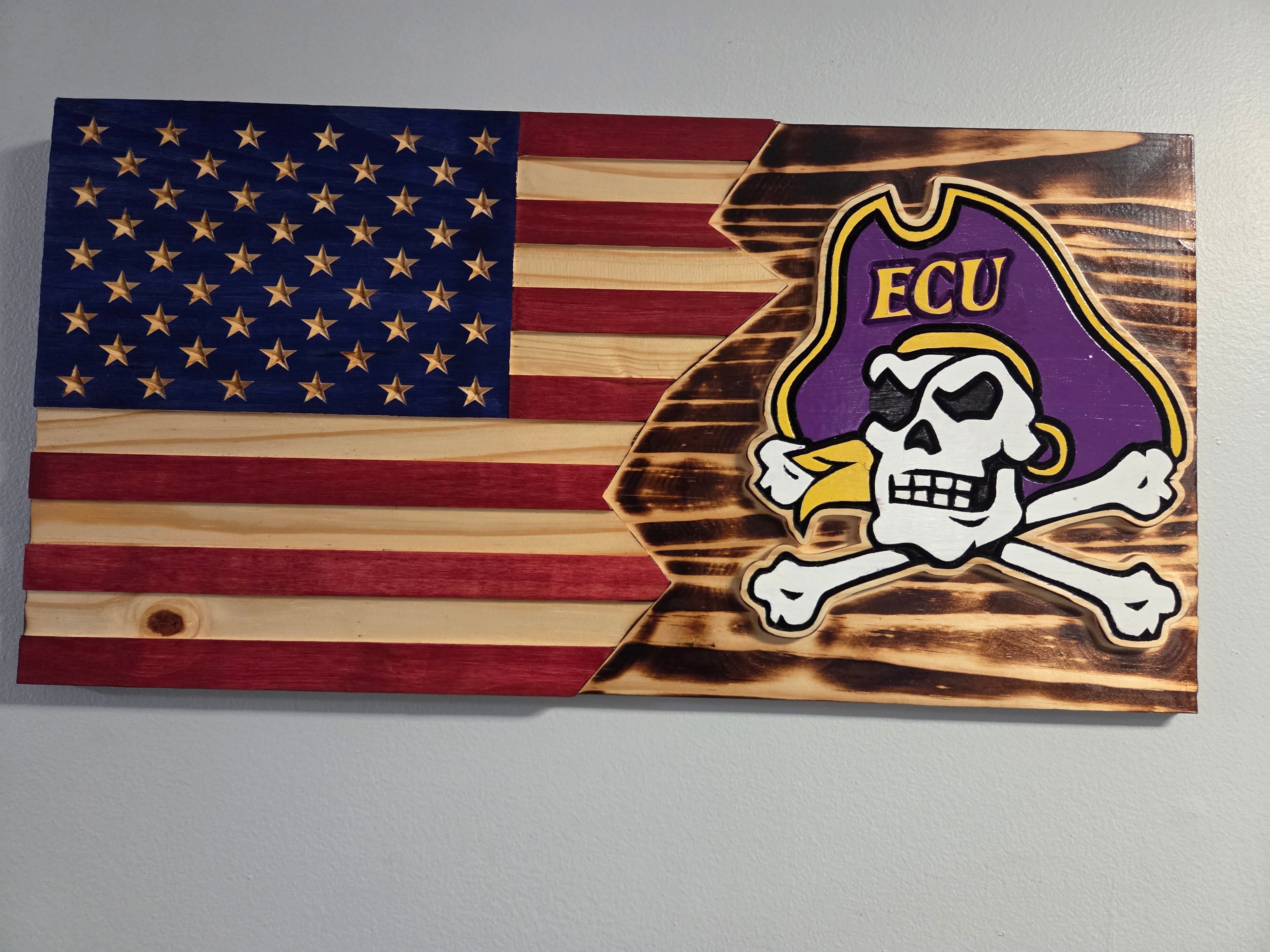Detail of a handcrafted ECU wooden flag with visible wood grain