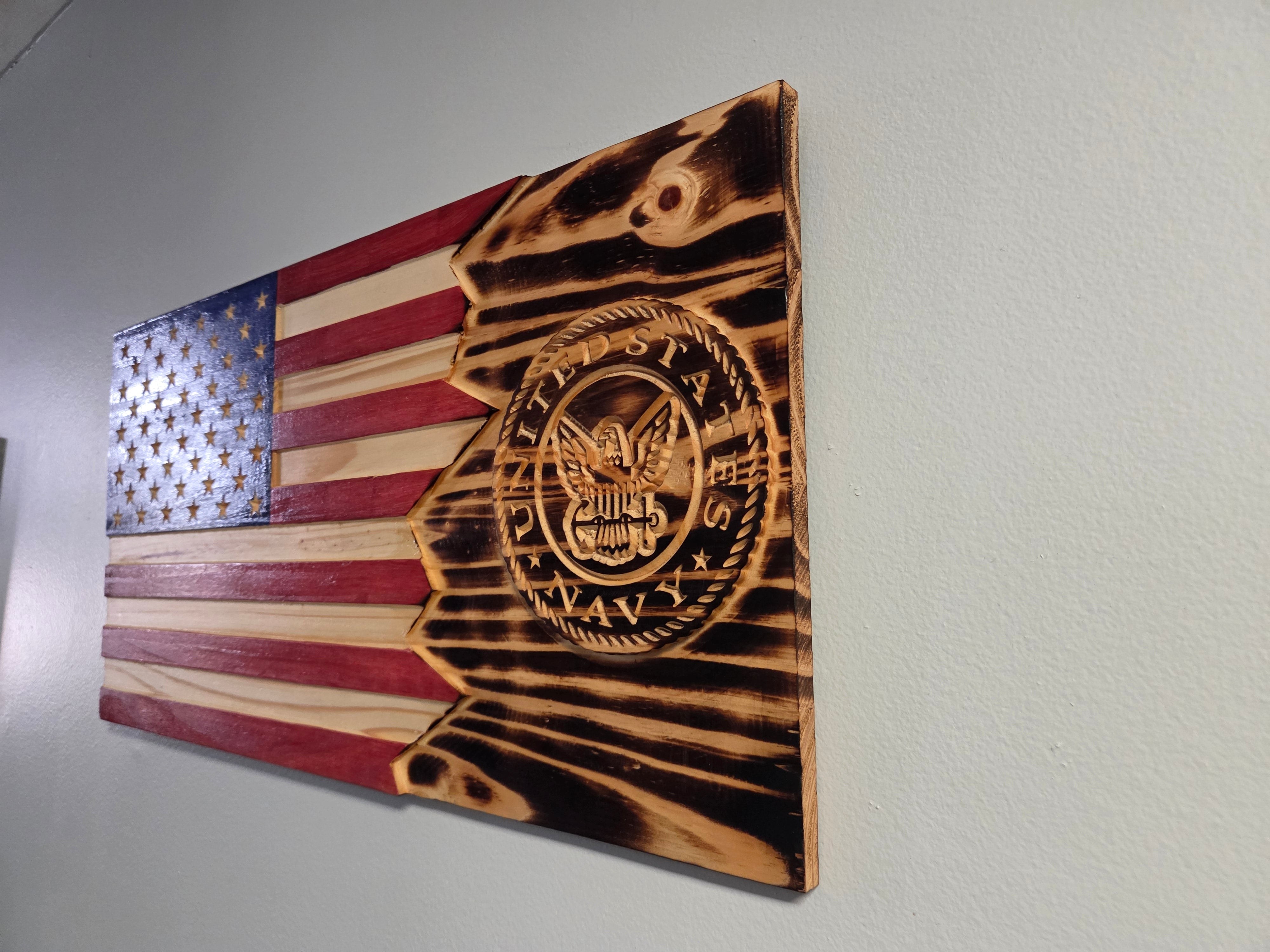 Rustic Navy wooden flag with carved Navy emblem