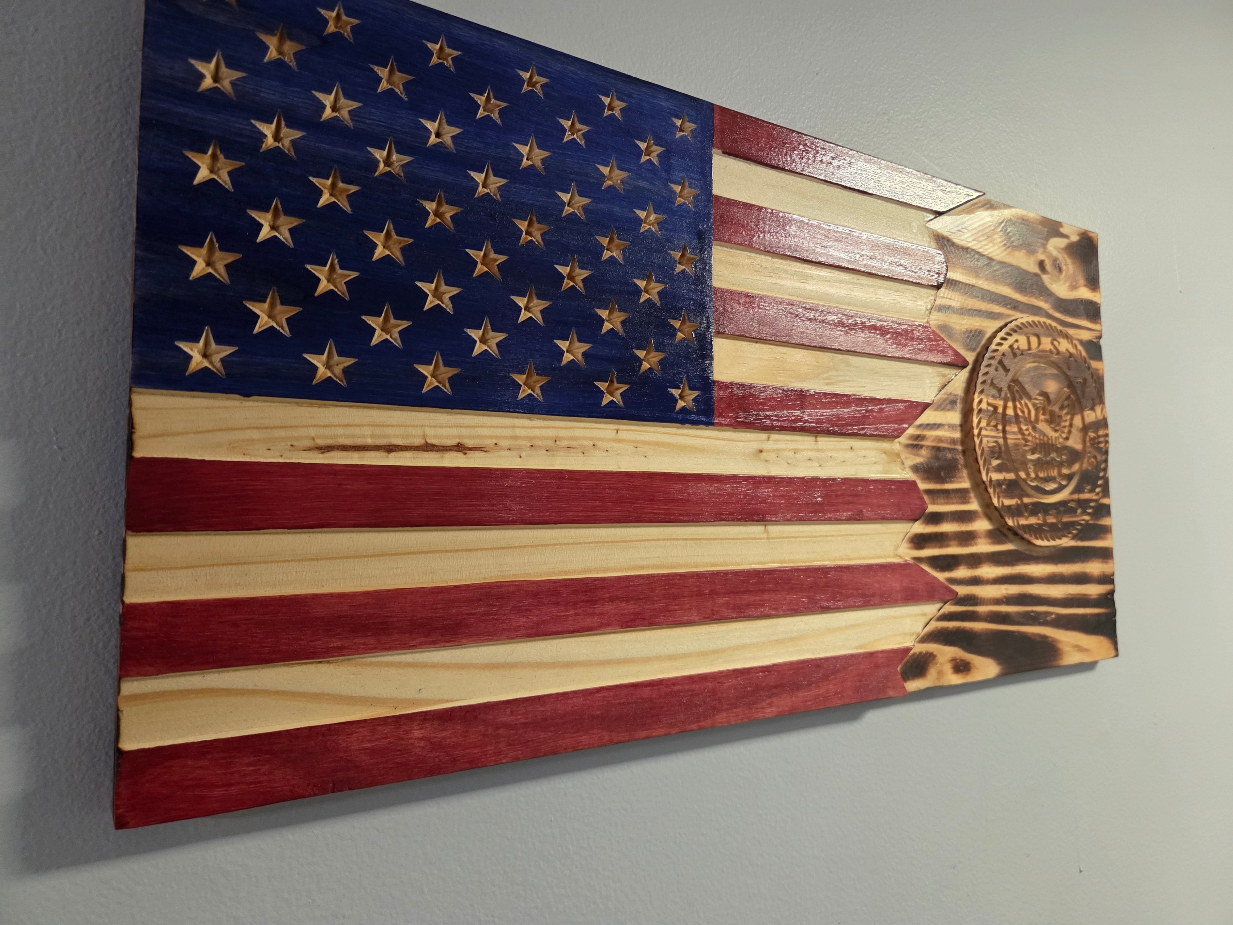 Detailed Navy wooden flag with carved emblem and rich stained wood