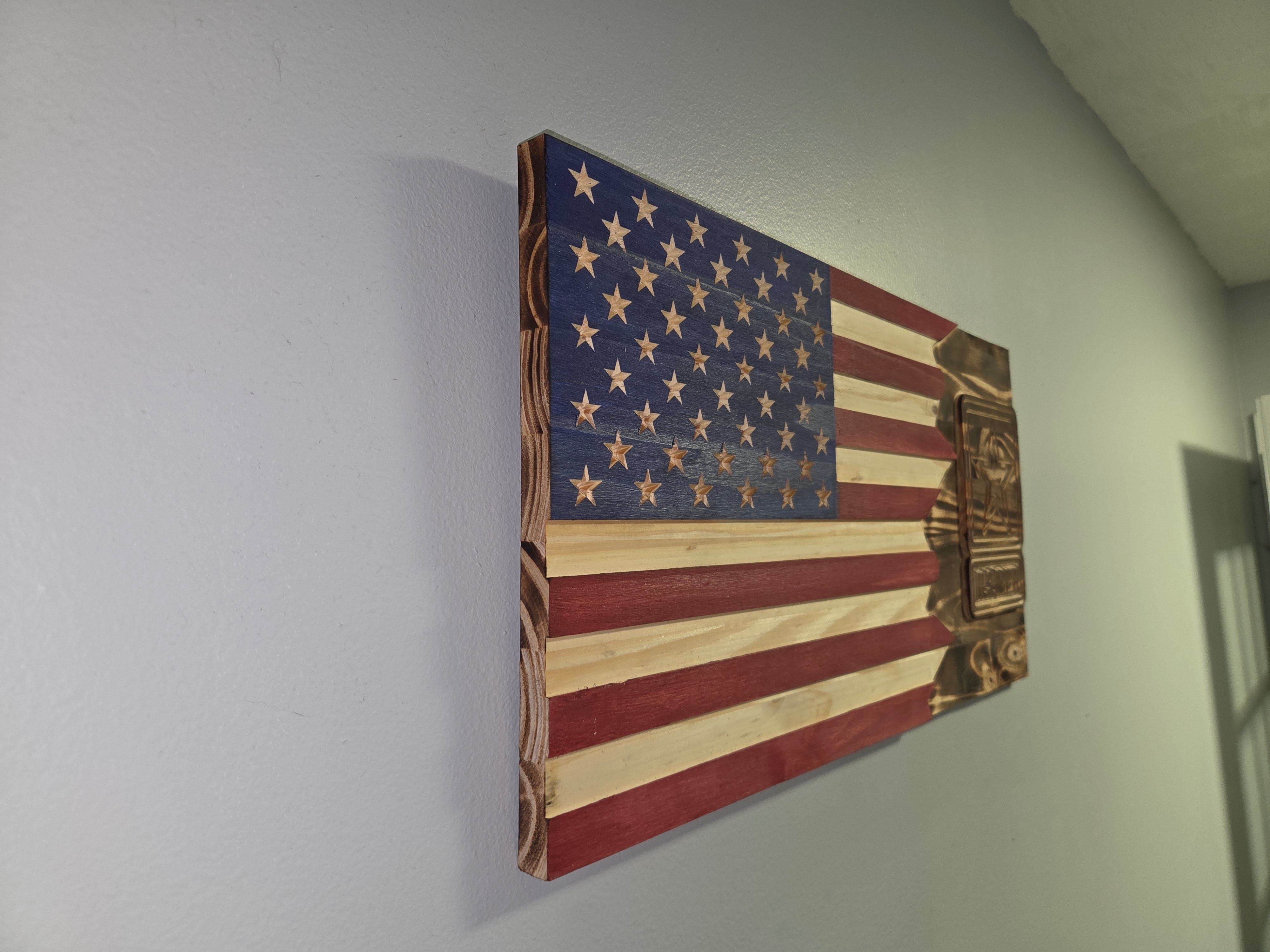 Hand-carved Army tribute wooden flag with natural wood grain