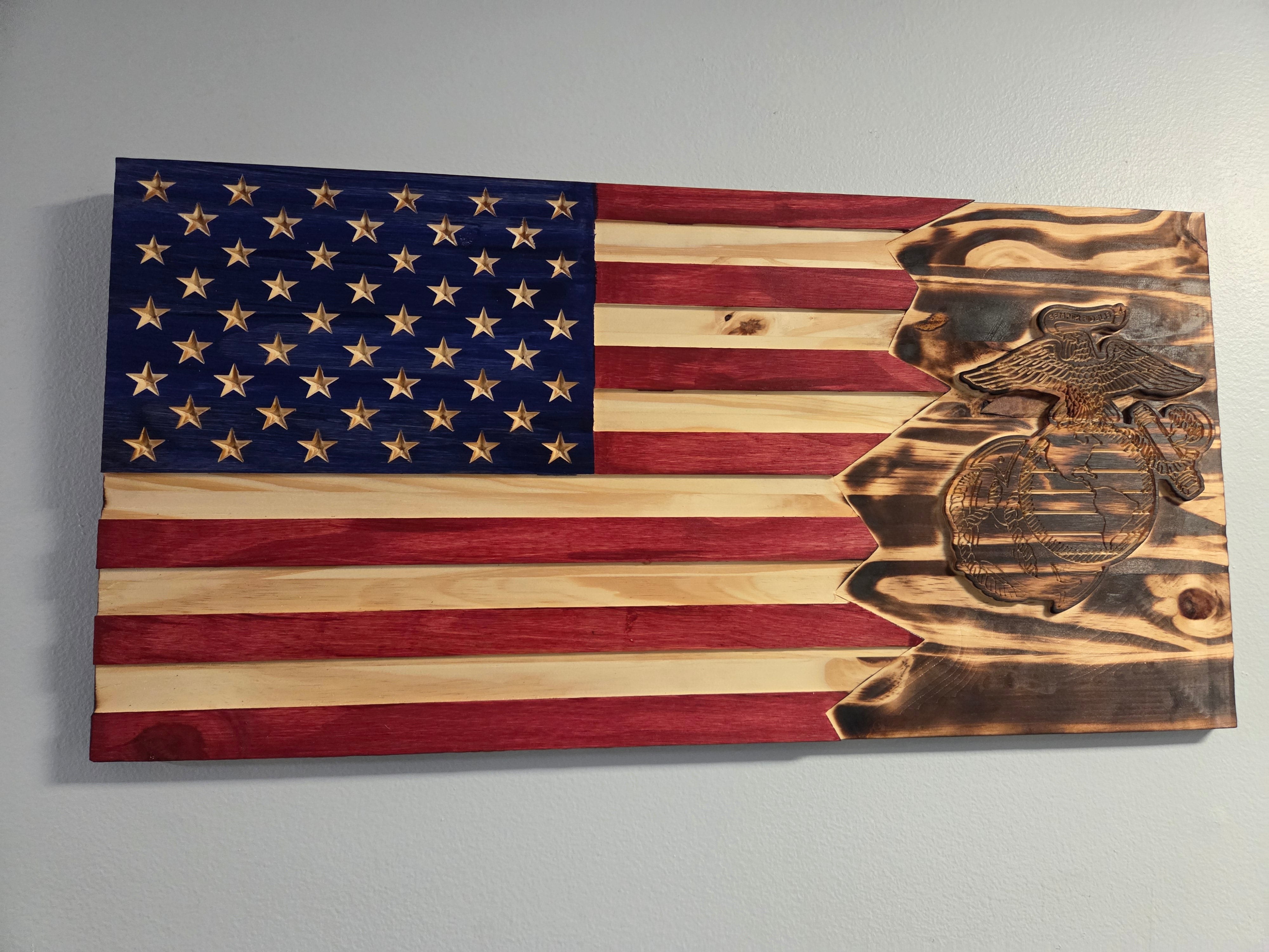 Handcrafted Marine Corps wooden flag made for a living room wall