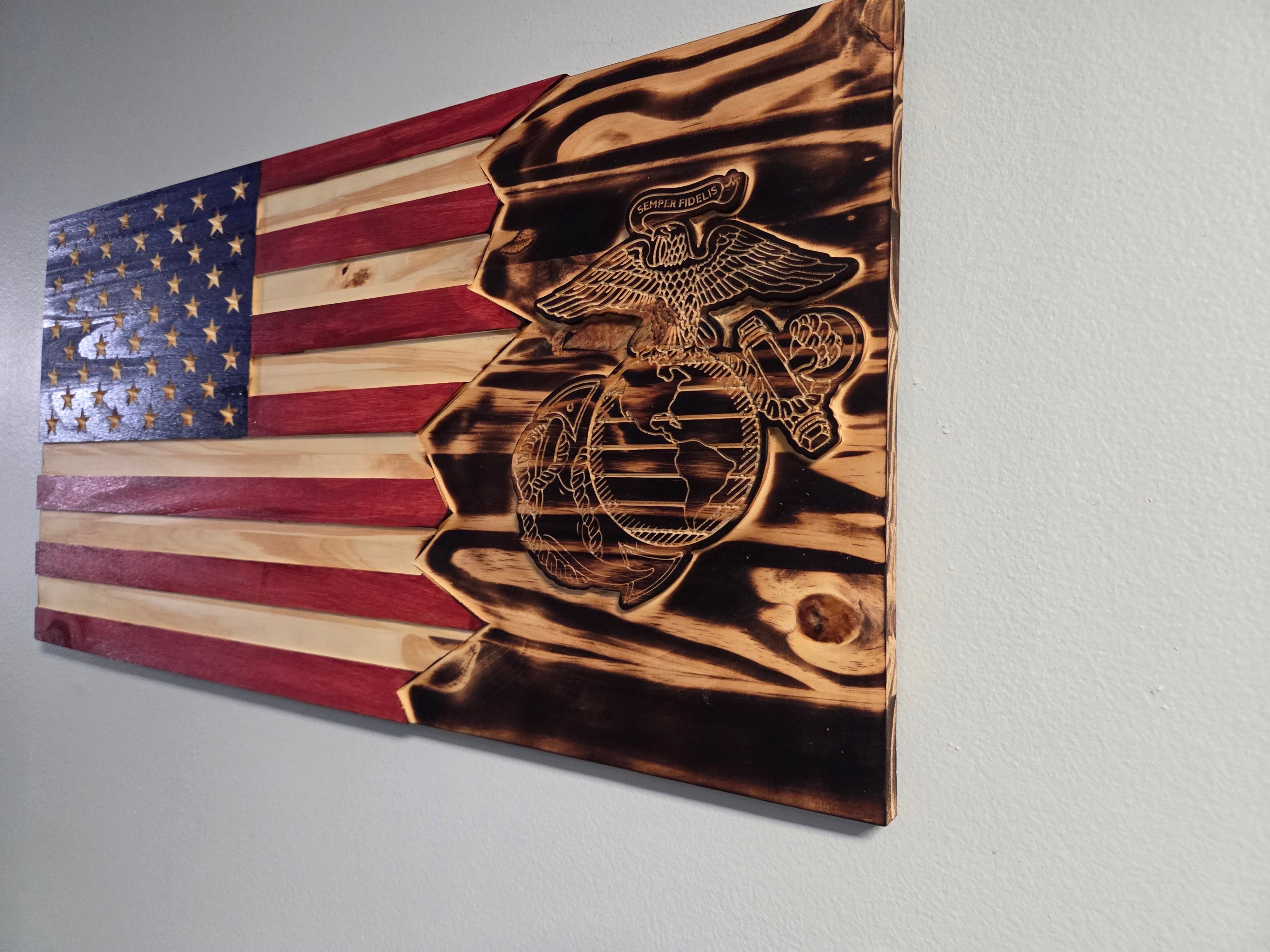 Detailed handcrafted Marine Corps wooden flag with carved Eagle Globe and Anchor emblem