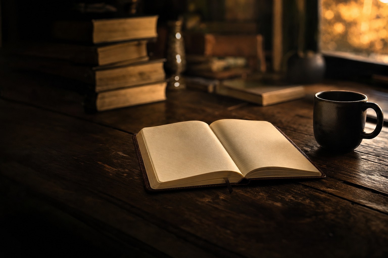 An open prayer journal beside a mug in warm evening light