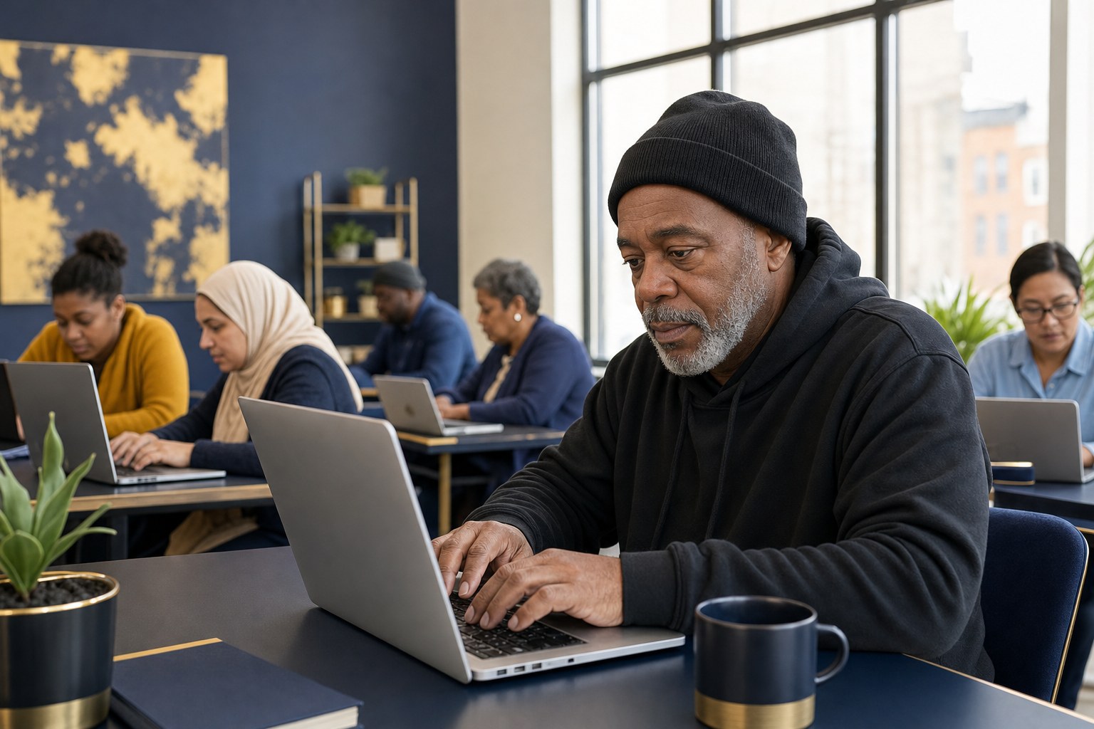 Adult learners using laptops in a community digital skills class