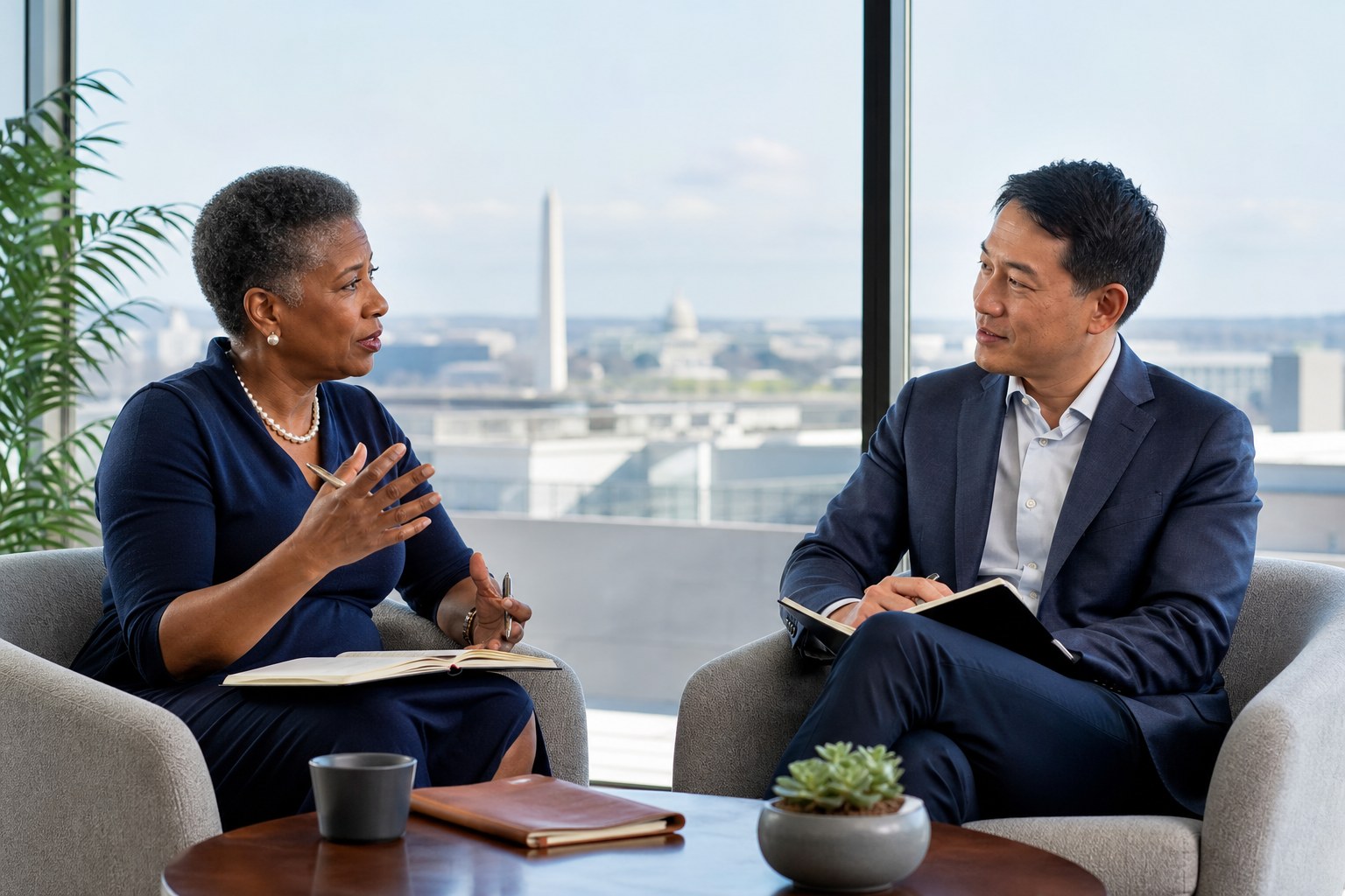 Two executives in a focused coaching conversation in Washington, DC