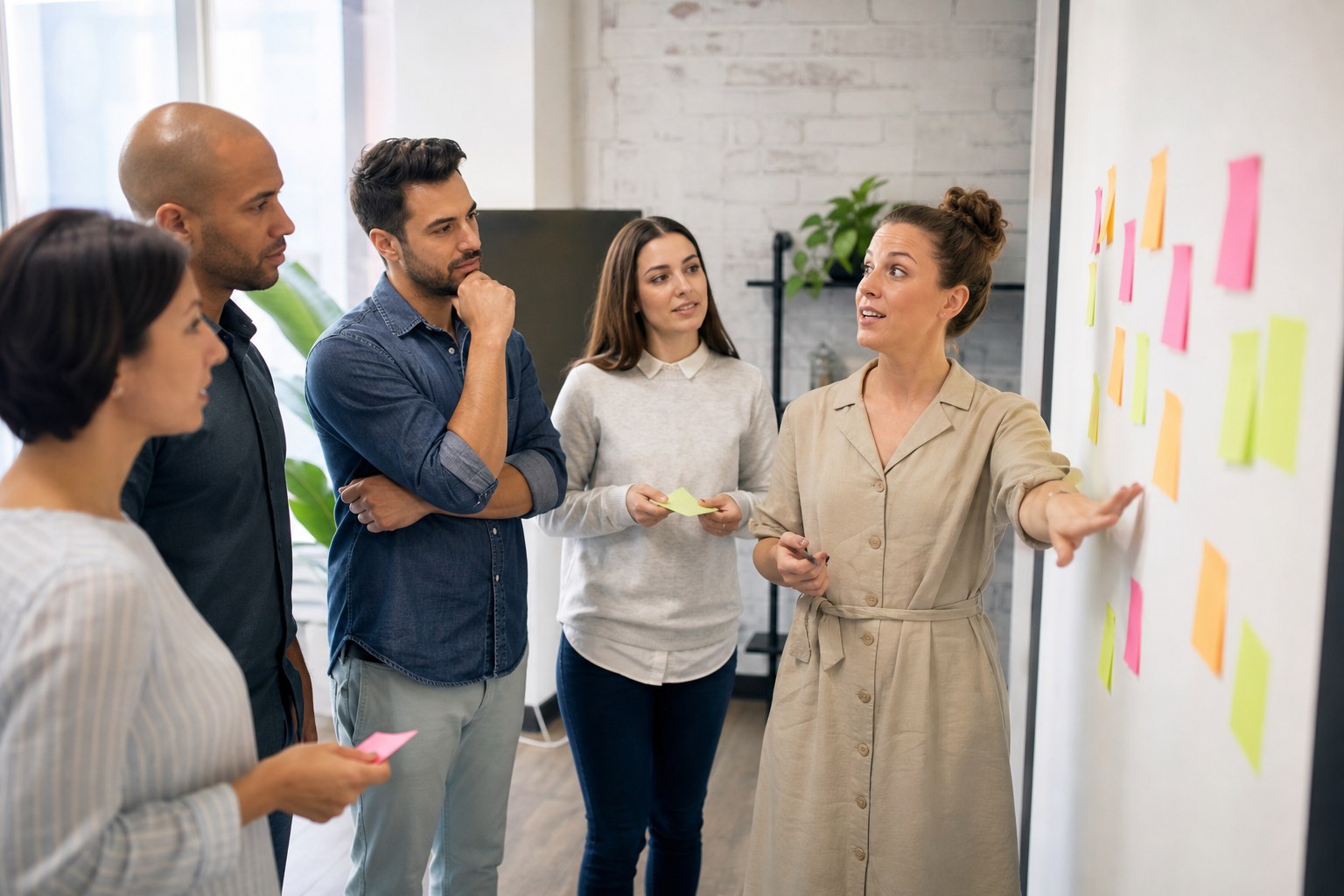 Team collaborating around a project planning wall