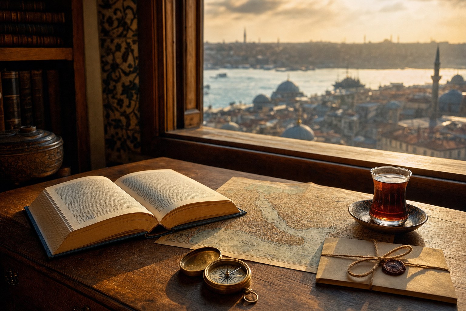 An open book, antique map, tea glass, and compass beside a window overlooking Istanbul