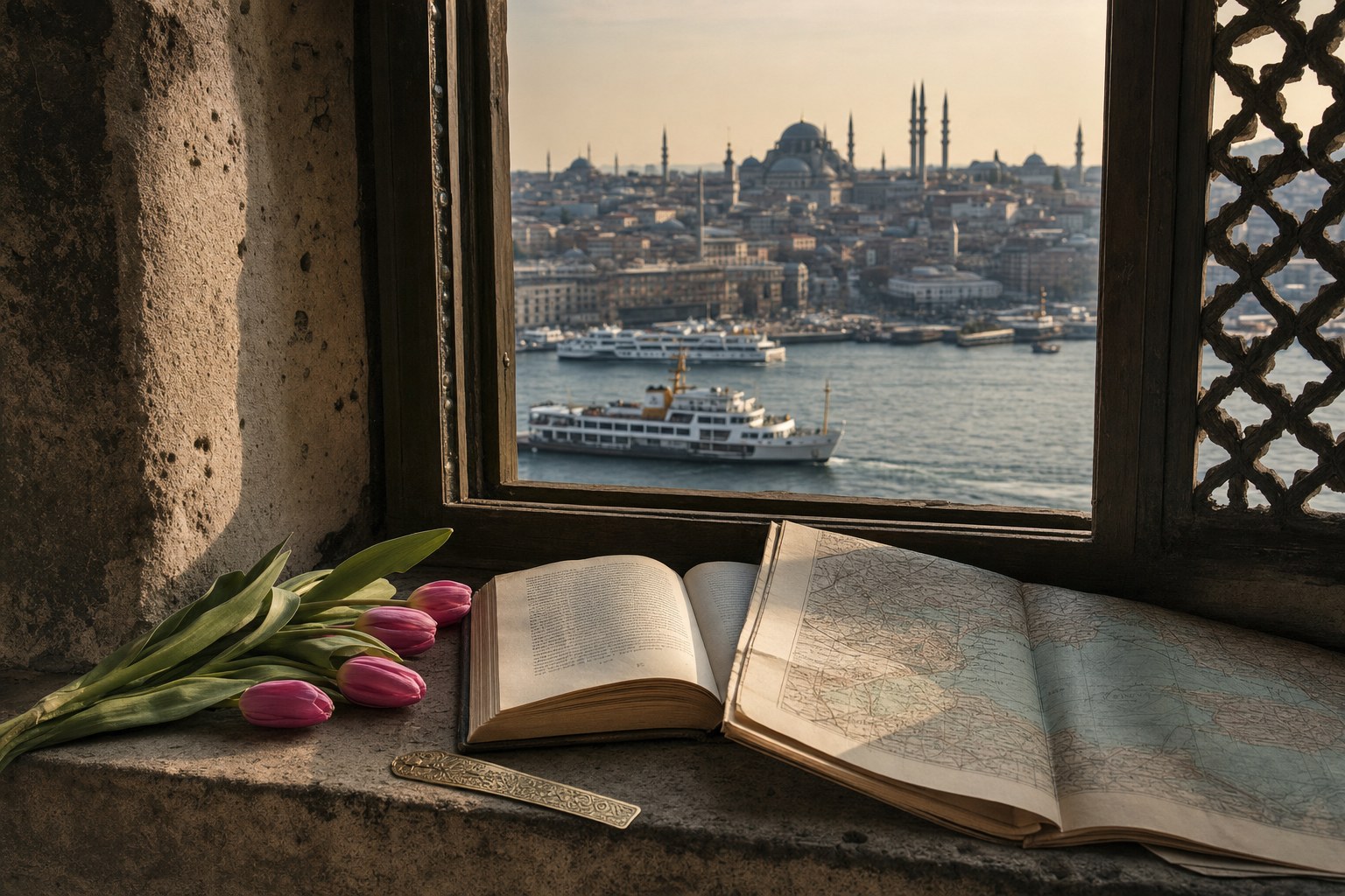Books and tulips on a stone windowsill overlooking ferries on the Bosporus