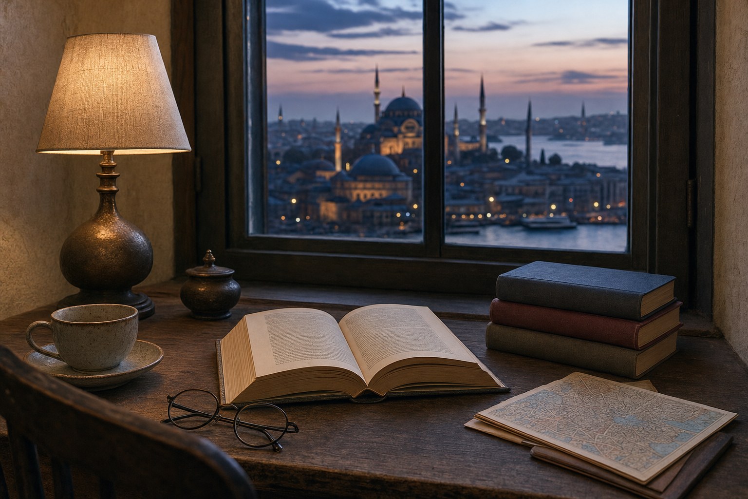 An open book, tea cup, and clothbound books in a reading nook overlooking Istanbul at dusk
