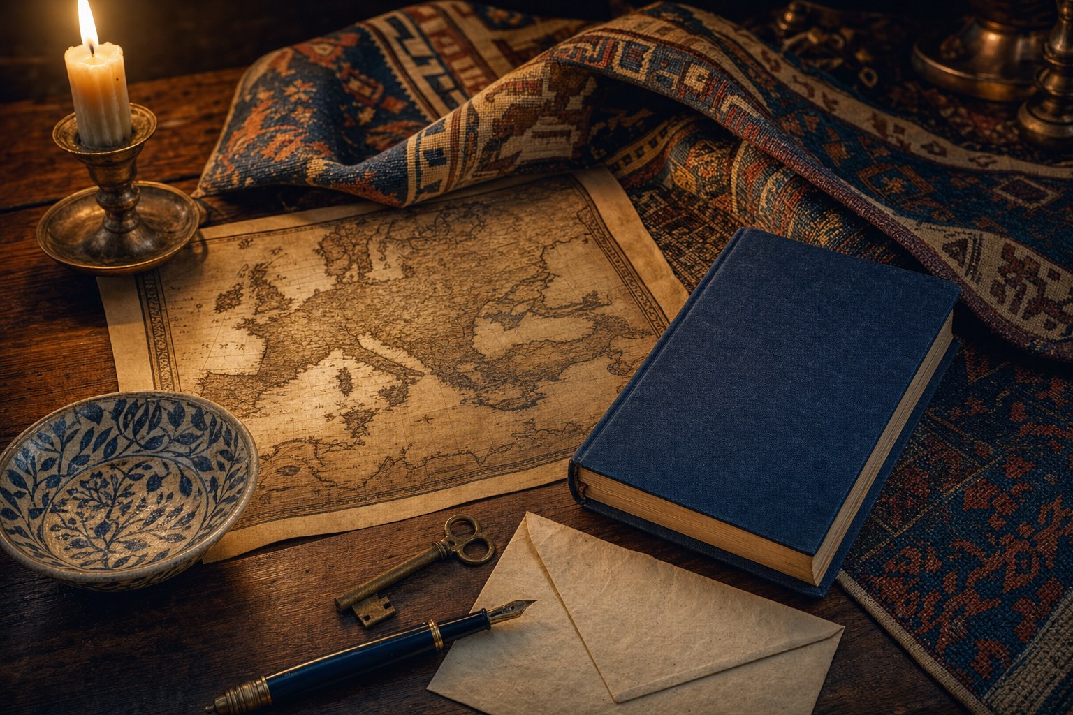 A blue clothbound book, map, candle, key, and woven textile on a wooden table