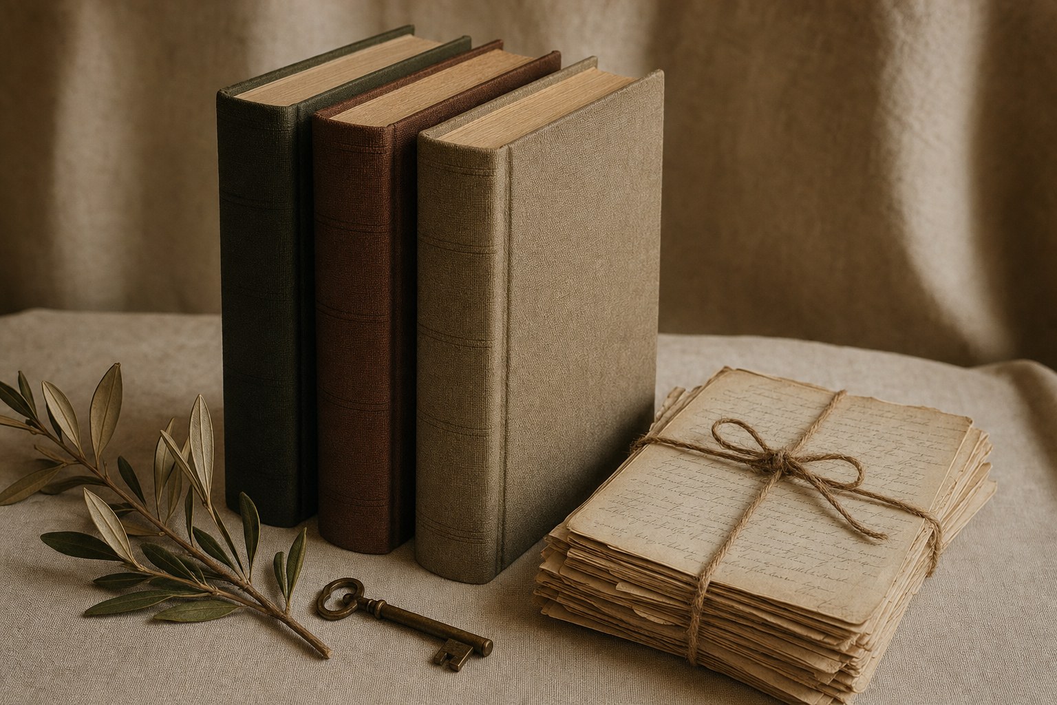 Three clothbound books, tied letters, an old key, and olive leaves on cream linen