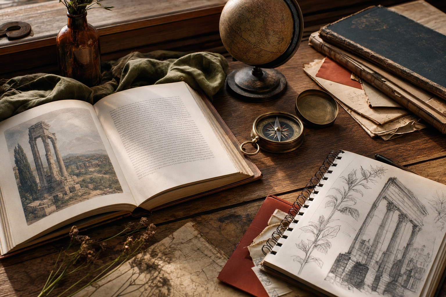 An open novel, globe, compass, sketchbook, and old papers on a sunlit wooden desk