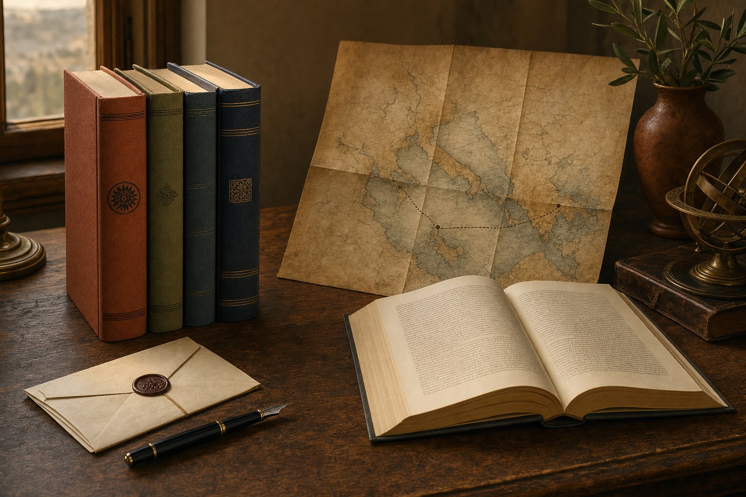 Clothbound books, an open novel, a folded map, a sealed letter, and a fountain pen on a wooden desk