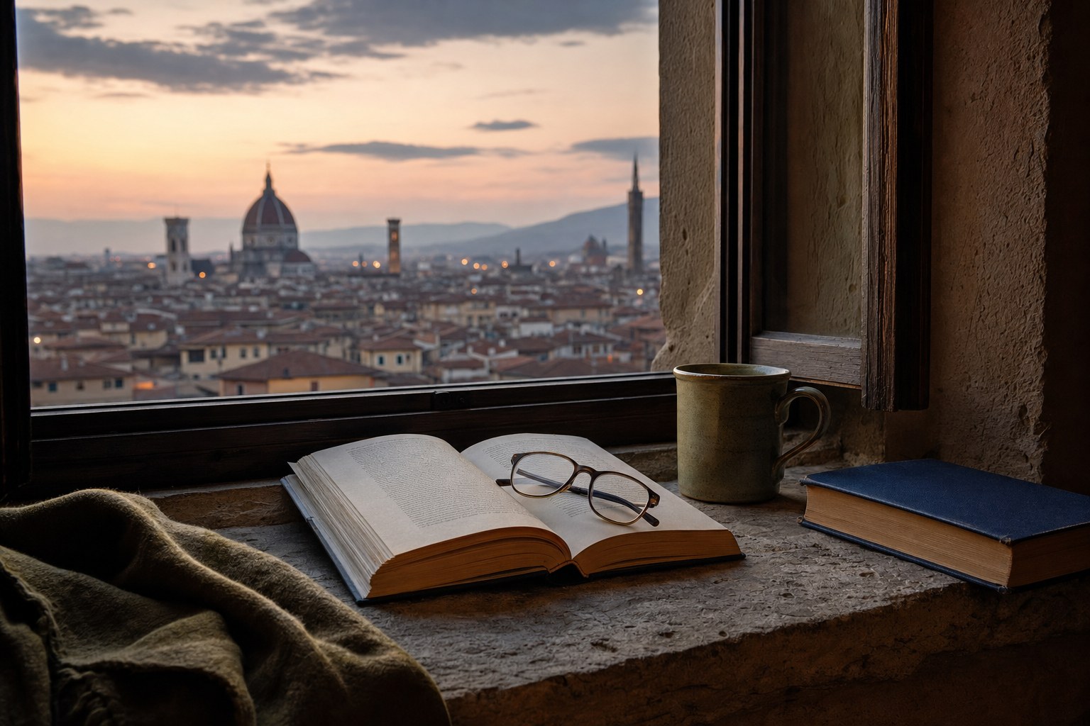 An open book, reading glasses, tea, and a blue book on a window ledge overlooking Florence