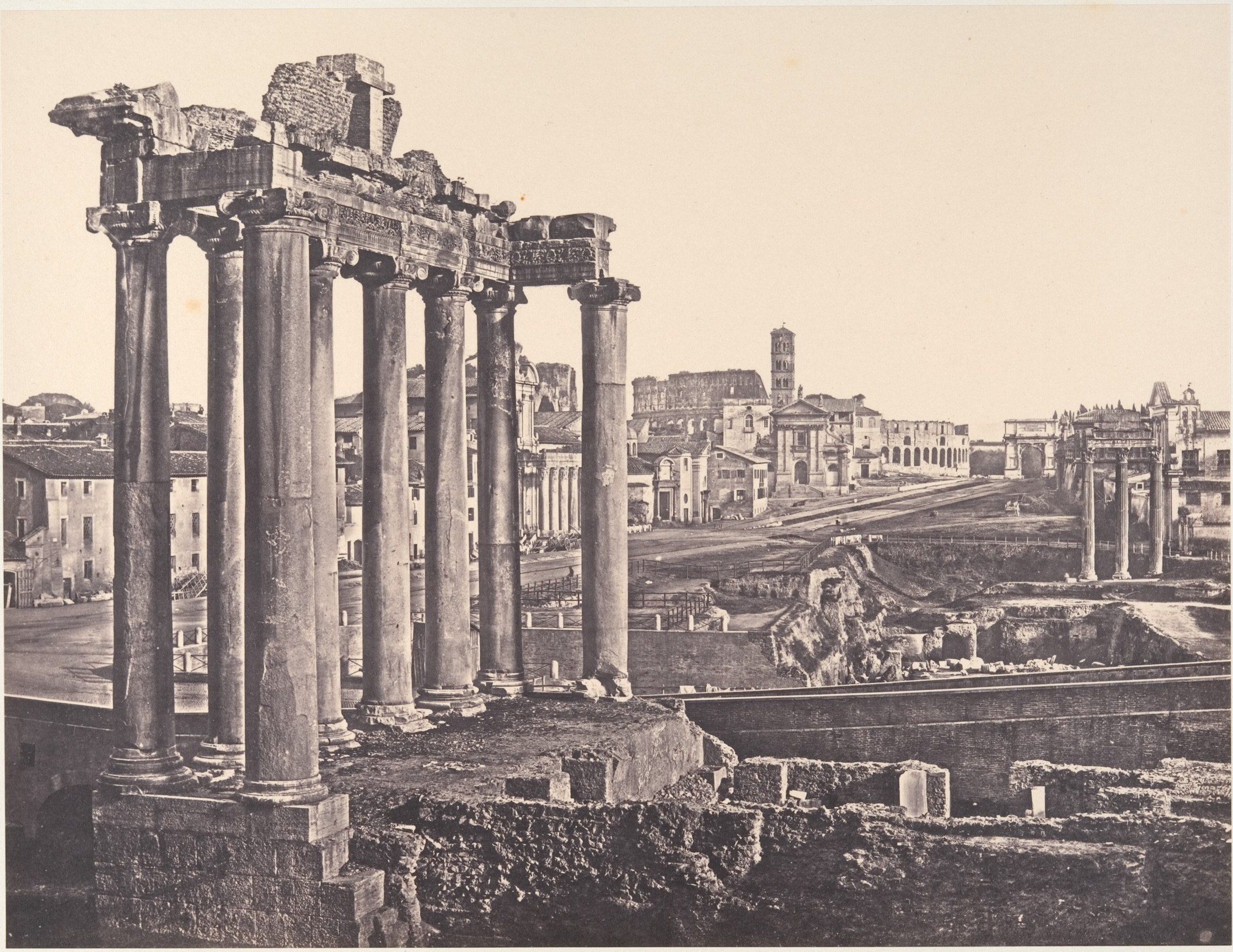 Historic photograph of columns and ruins in the Roman Forum