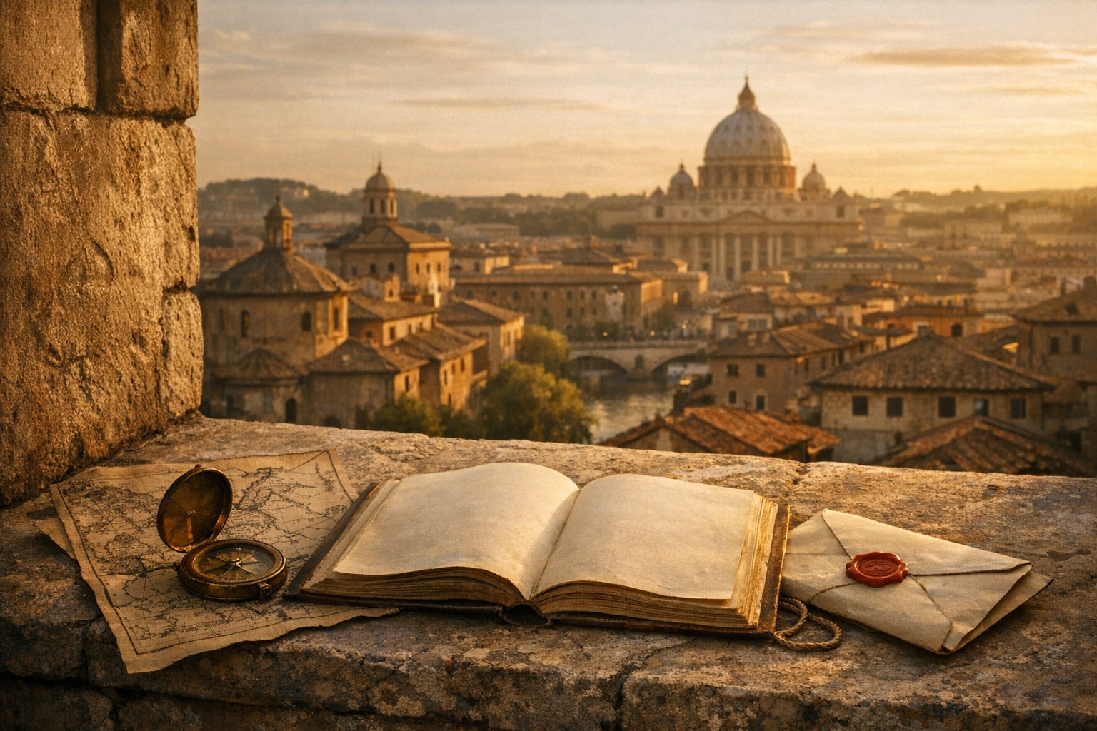 An open book, map, compass, and sealed letter on a stone ledge overlooking Rome at sunset