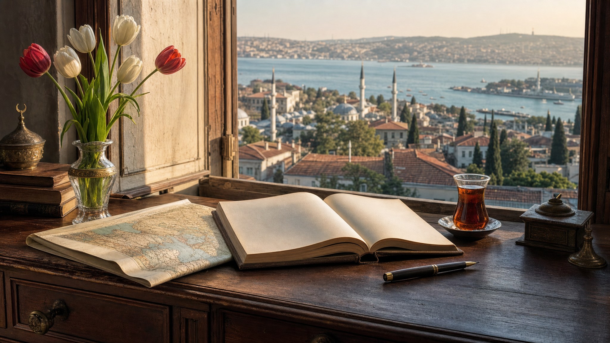 An open book, antique map, tulips, and Turkish tea beside a window overlooking Istanbul