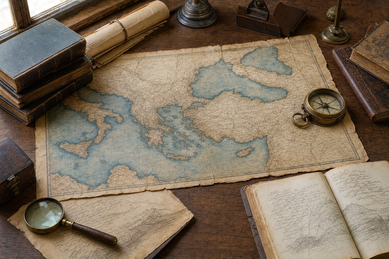 A period-style map of the eastern Mediterranean with a compass and magnifying glass